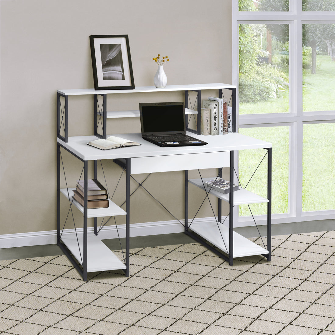 White And Black Office Desk With Open Shelves And