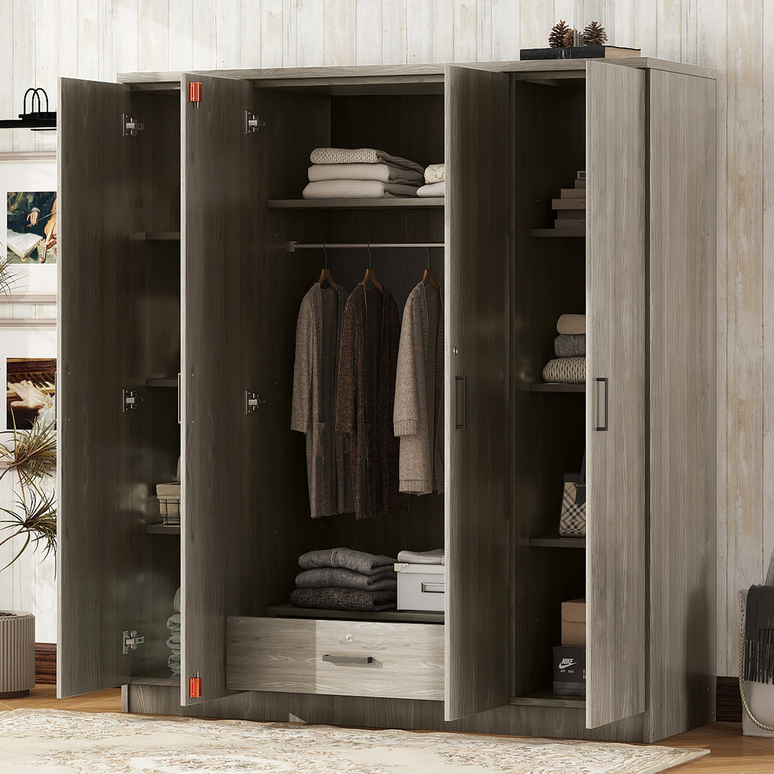 4 Door Wardrobe With 1 Drawer, Gray - Grey Gray