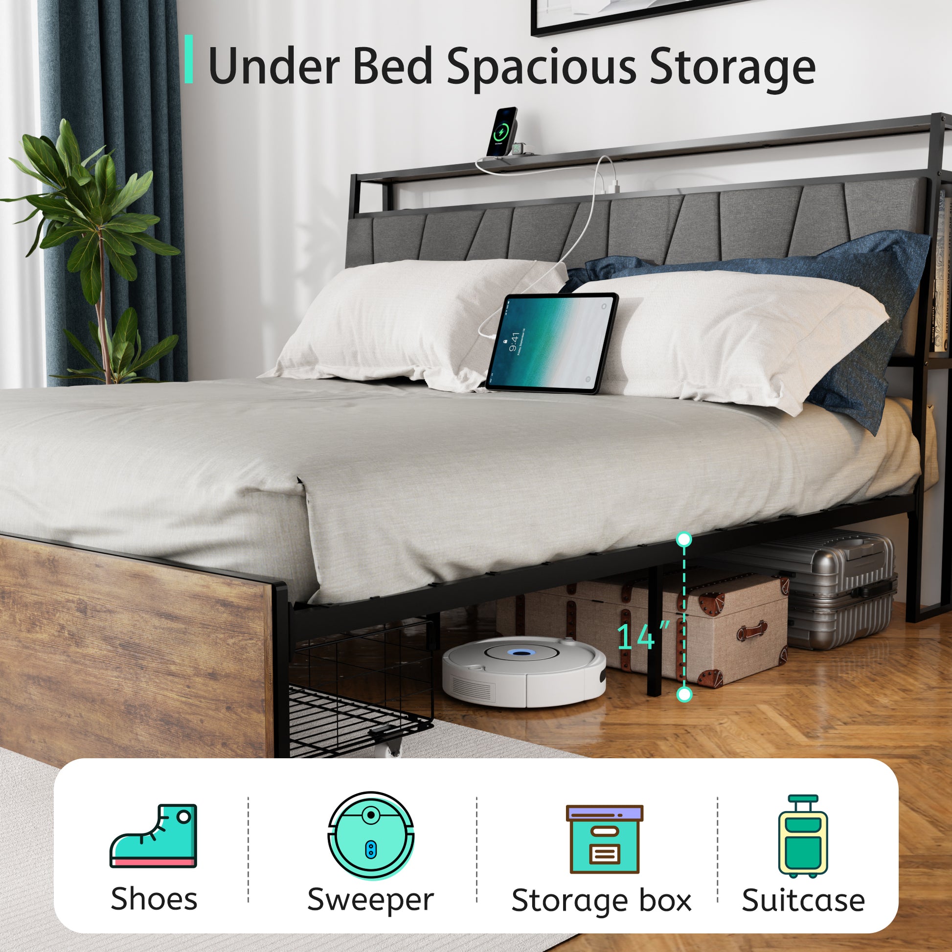 Full Bed Frame With Storage, Ergonomic Headboard,