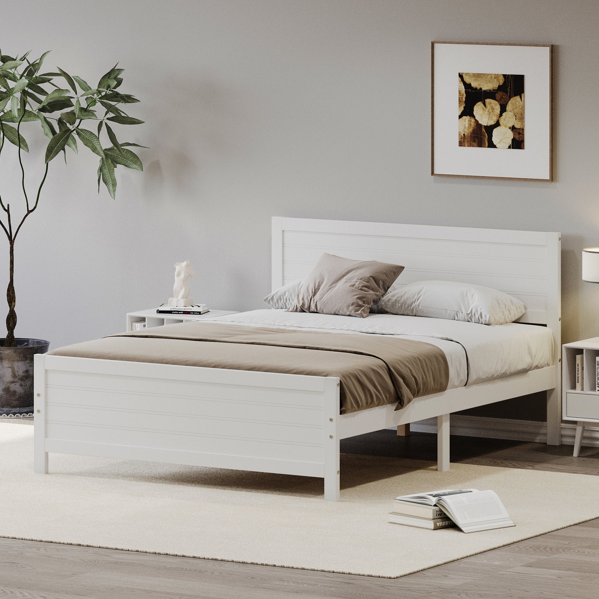 Wood Platform Bed Frame With Headboard, Mattress