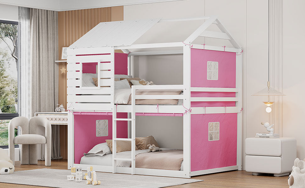 Full Size Bunk Wood House Bed With Tent, Pink