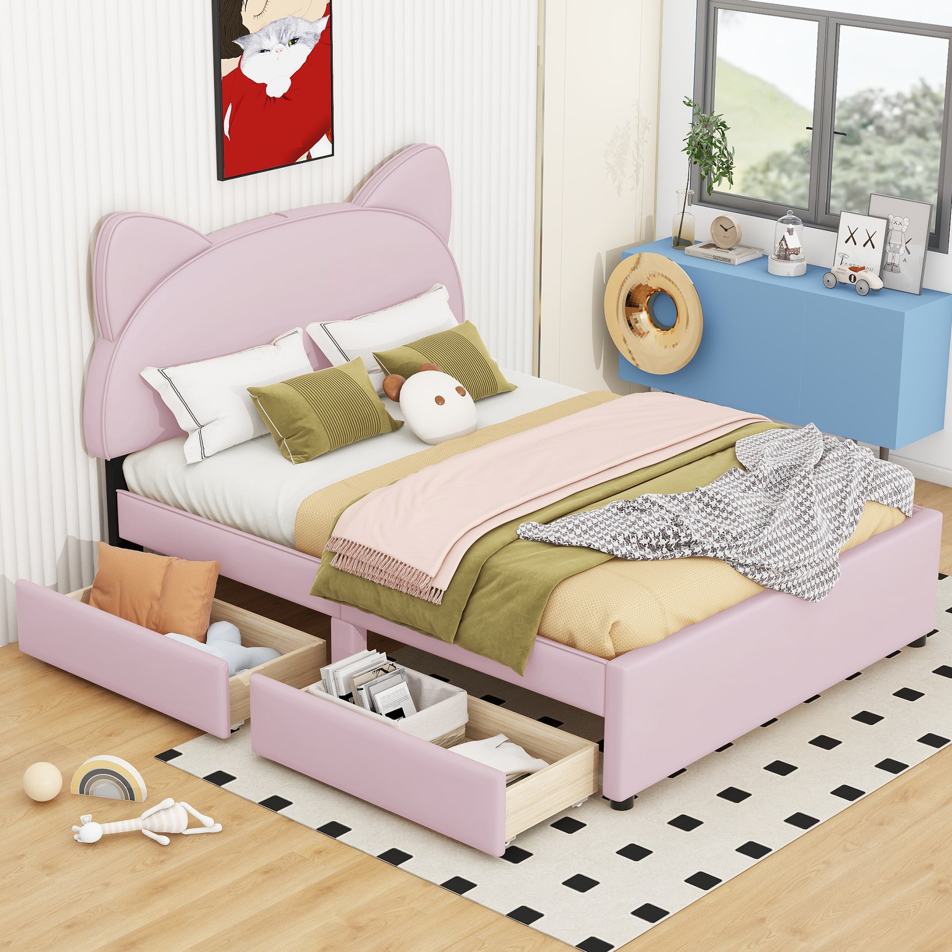 Full Size Upholstered Platform Bed with Cartoon Ears box spring not