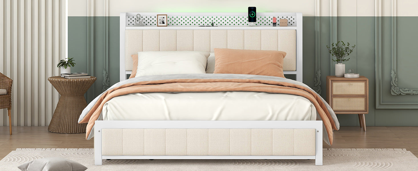 Queen Bed Frame With Led Headboard, Upholstered