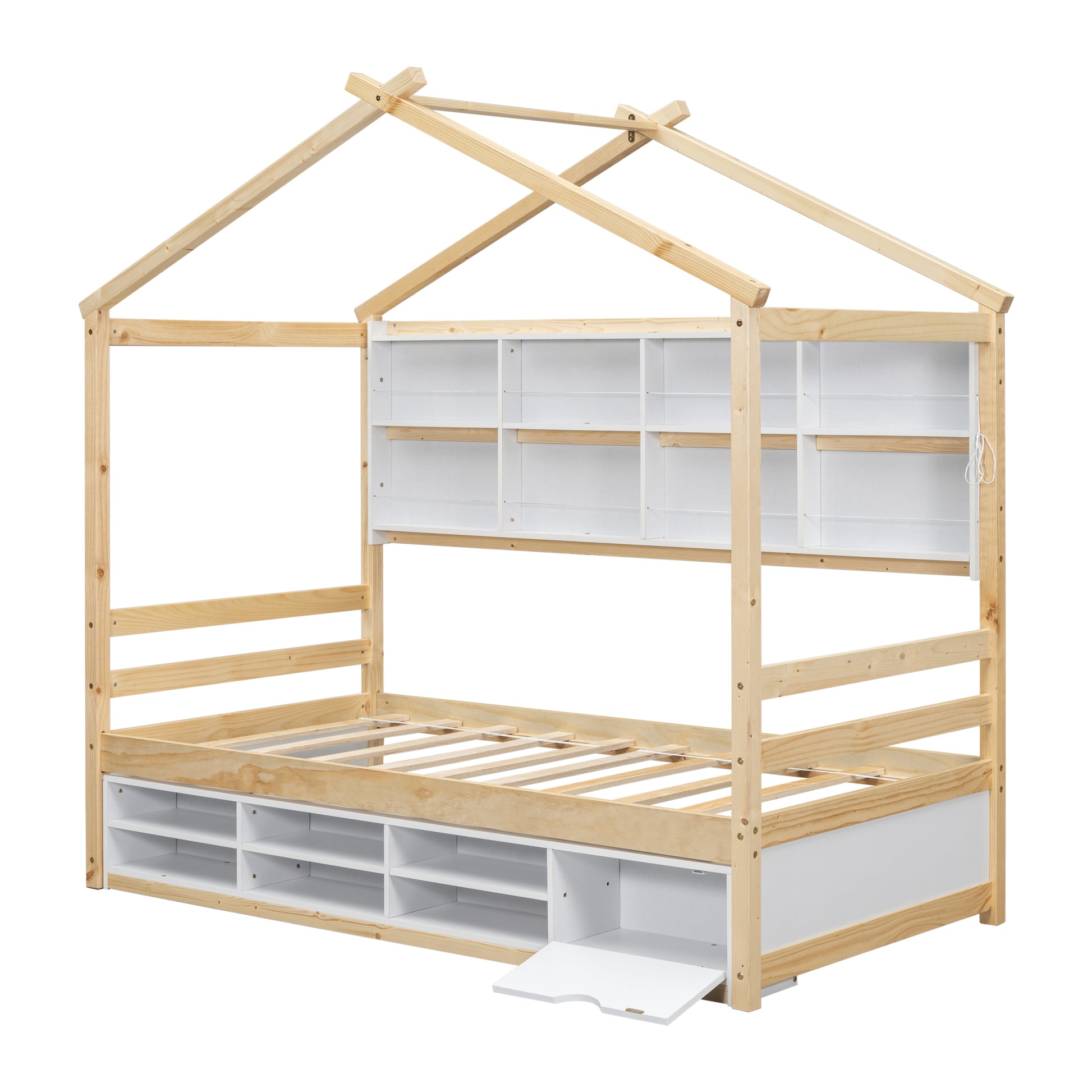 Twin House Bed With Roof Frame, Bedside Shelves,