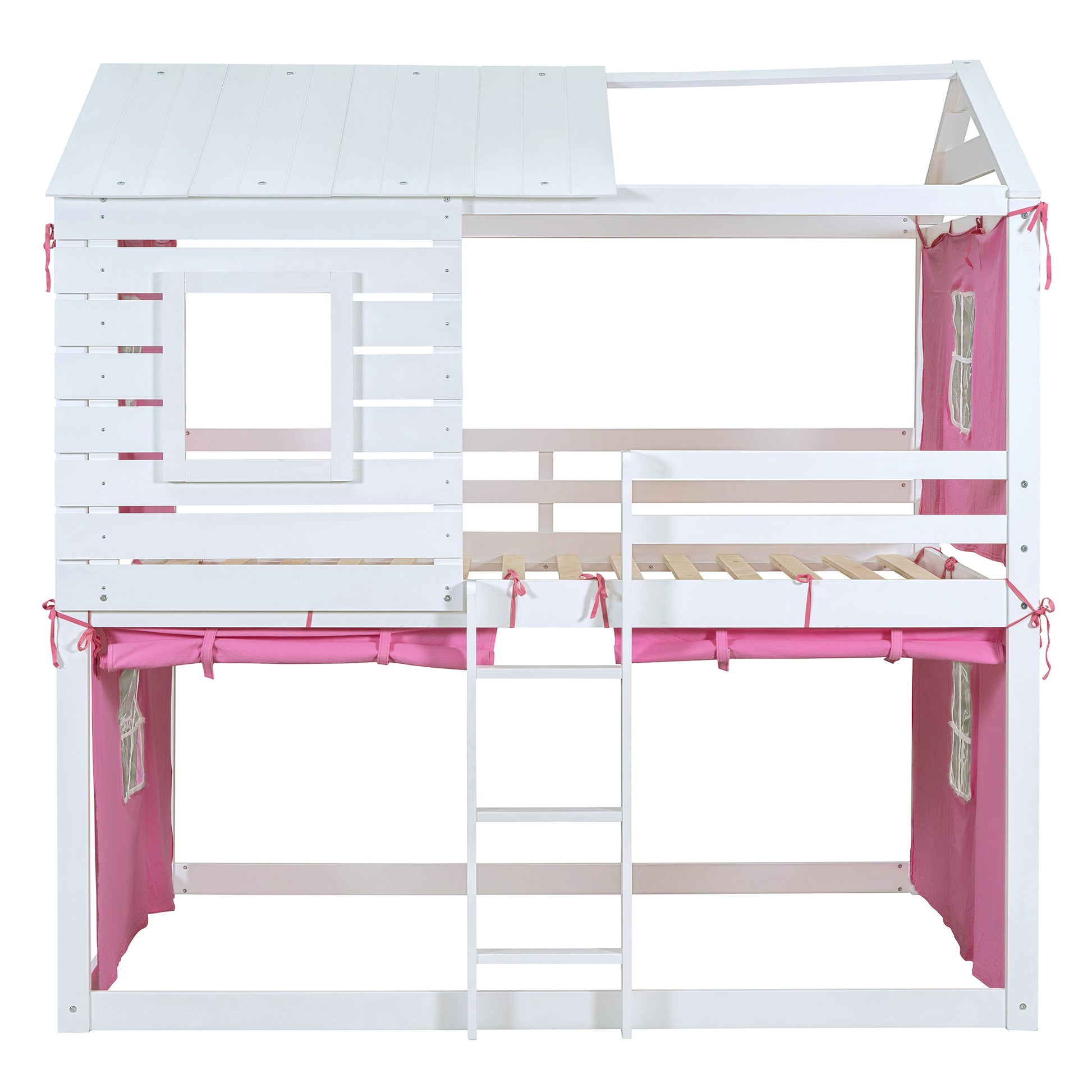 Full Size Bunk Wood House Bed With Tent, Pink