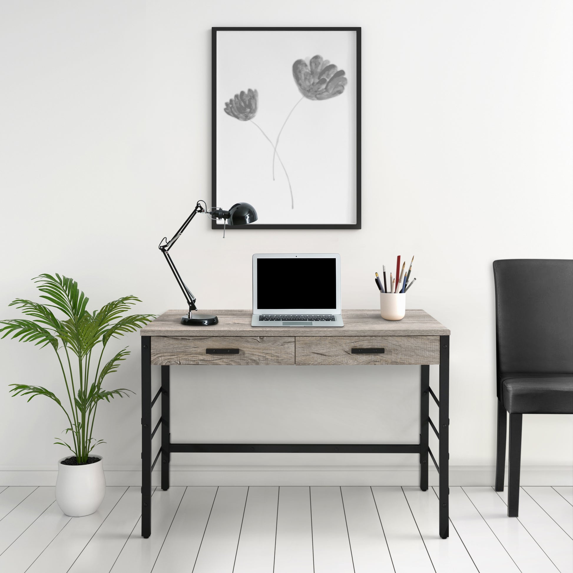 Light Weathered Oak And Black Writing Desk With 2