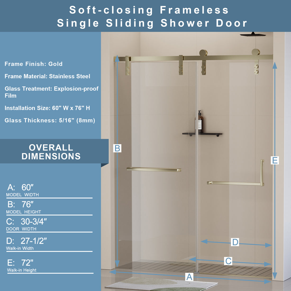 60 X 76 Frameless Soft Closing Shower Door,