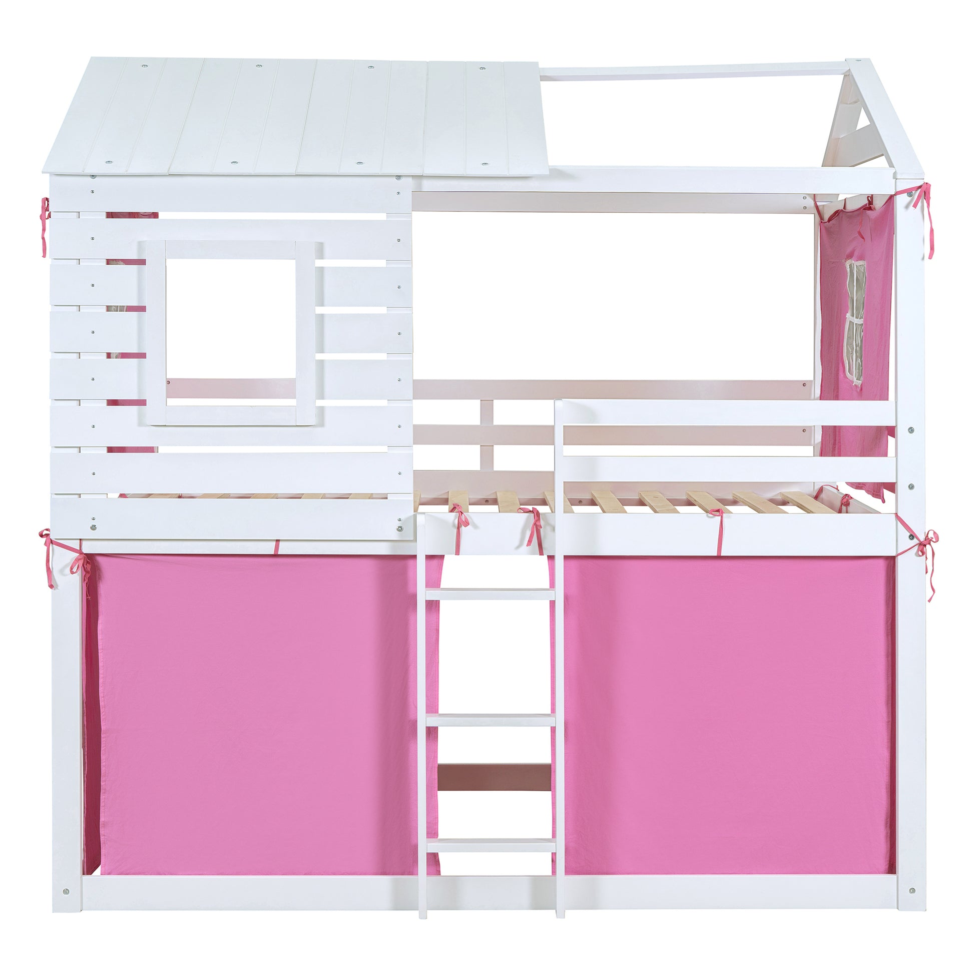 Full Size Bunk Wood House Bed With Tent, Pink