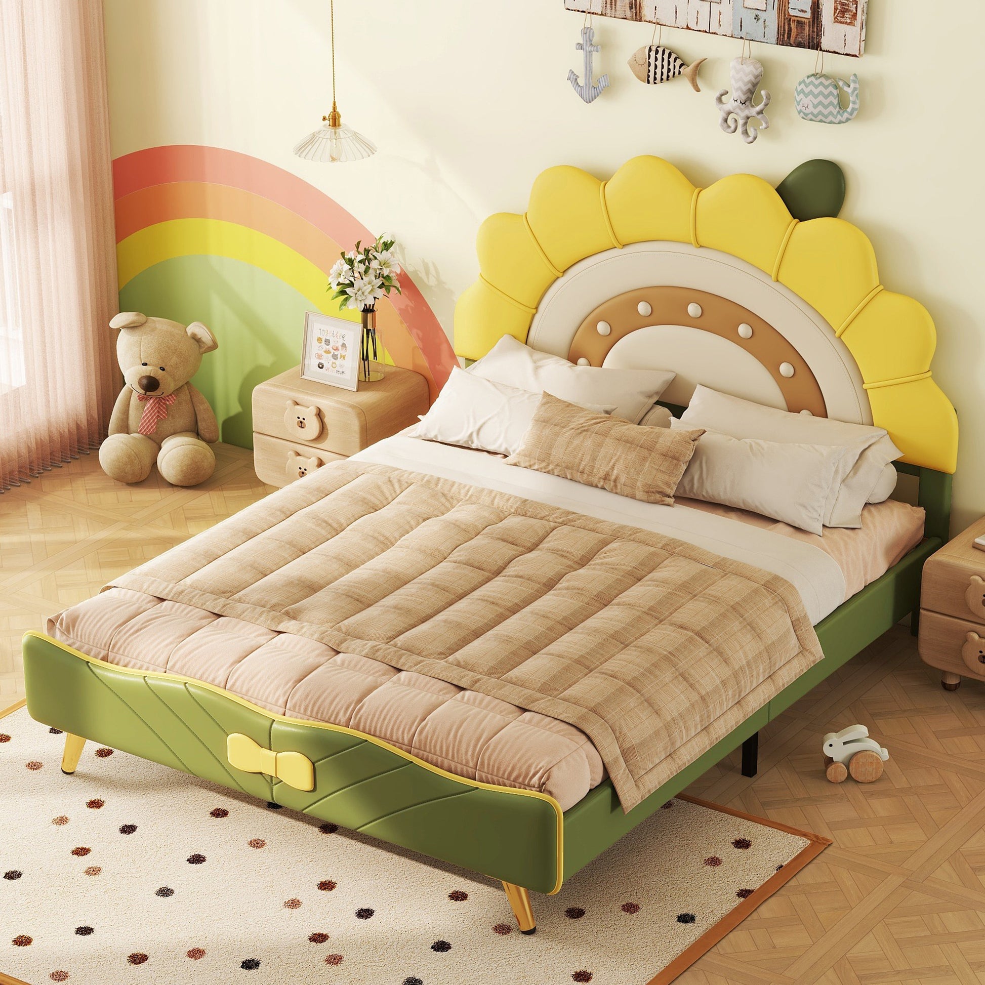 Full Size Upholstered Platform Bed With Sunflower