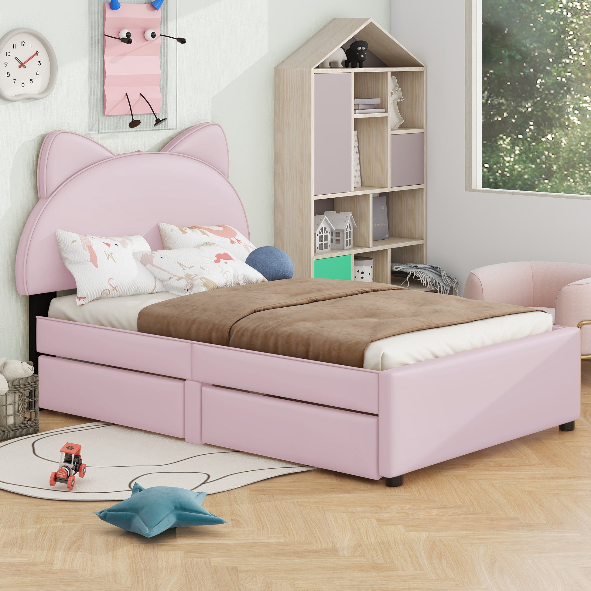 Twin Size Upholstered Platform Bed with Cartoon Ears box spring not