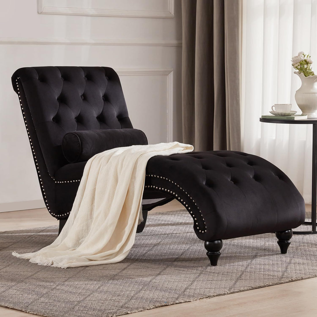 Button Tufted Chaise Lounge Indoor With Solid