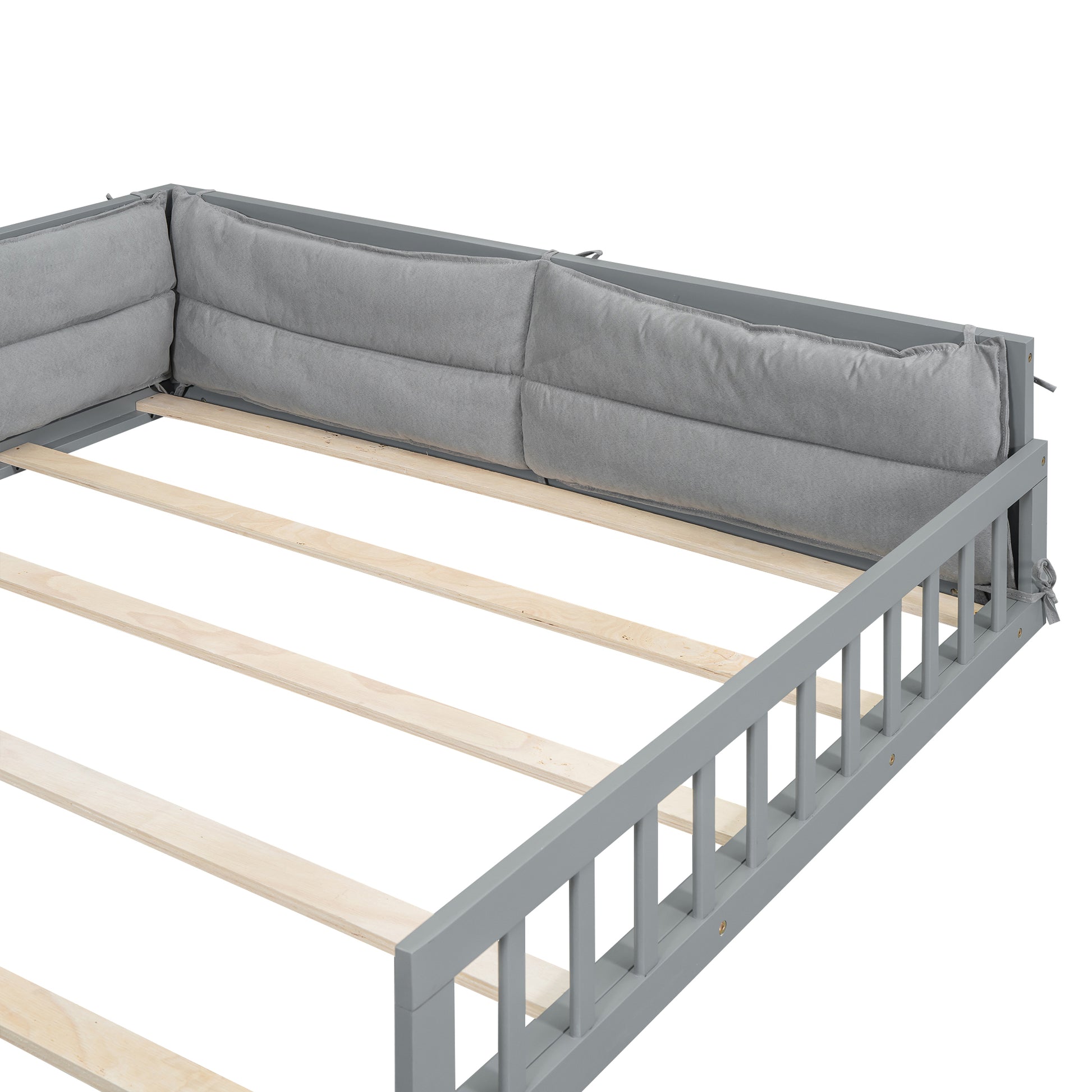 Wood Full Size Upholstered Platform Bed with Guardrail box spring not required-full-gray-wood-bed