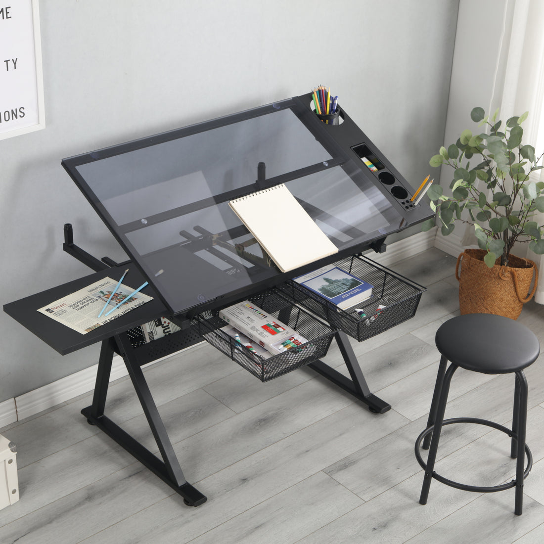 black adjustable tempered glass drafting printing