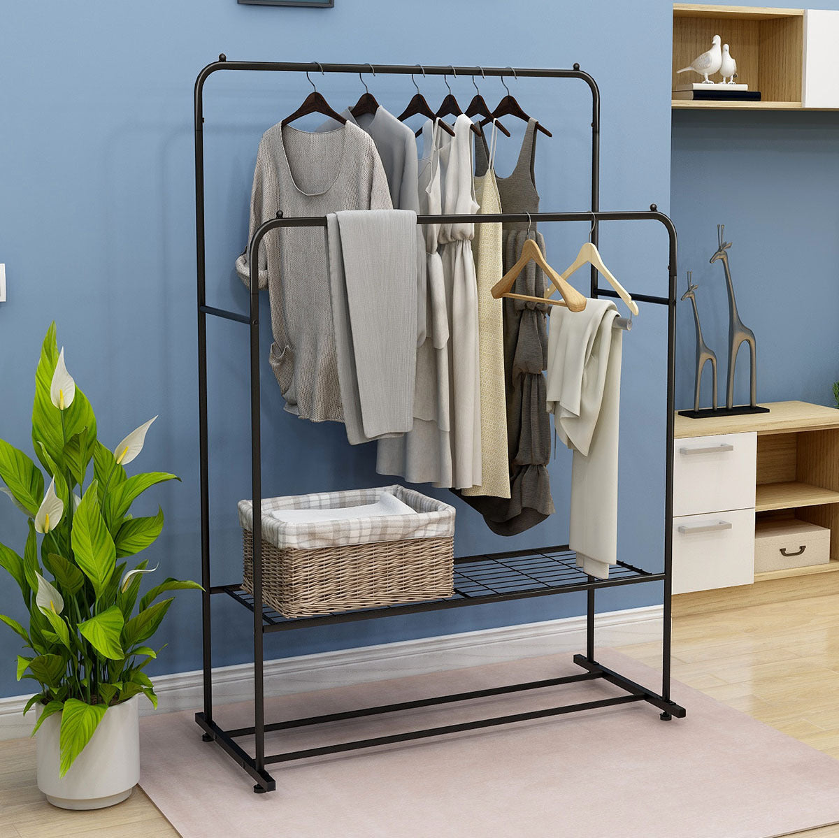 Garment Rack Freestanding Hanger Double Rods Multi black-metal