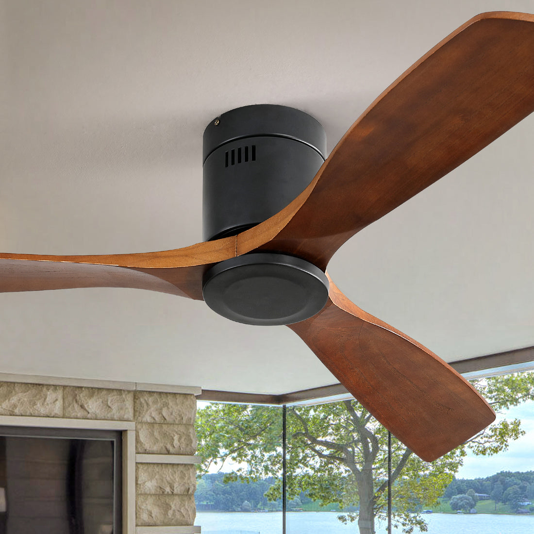 52 Inch Low Profile Ceiling Fan DC 3 Carved Wood Fan black-metal & wood