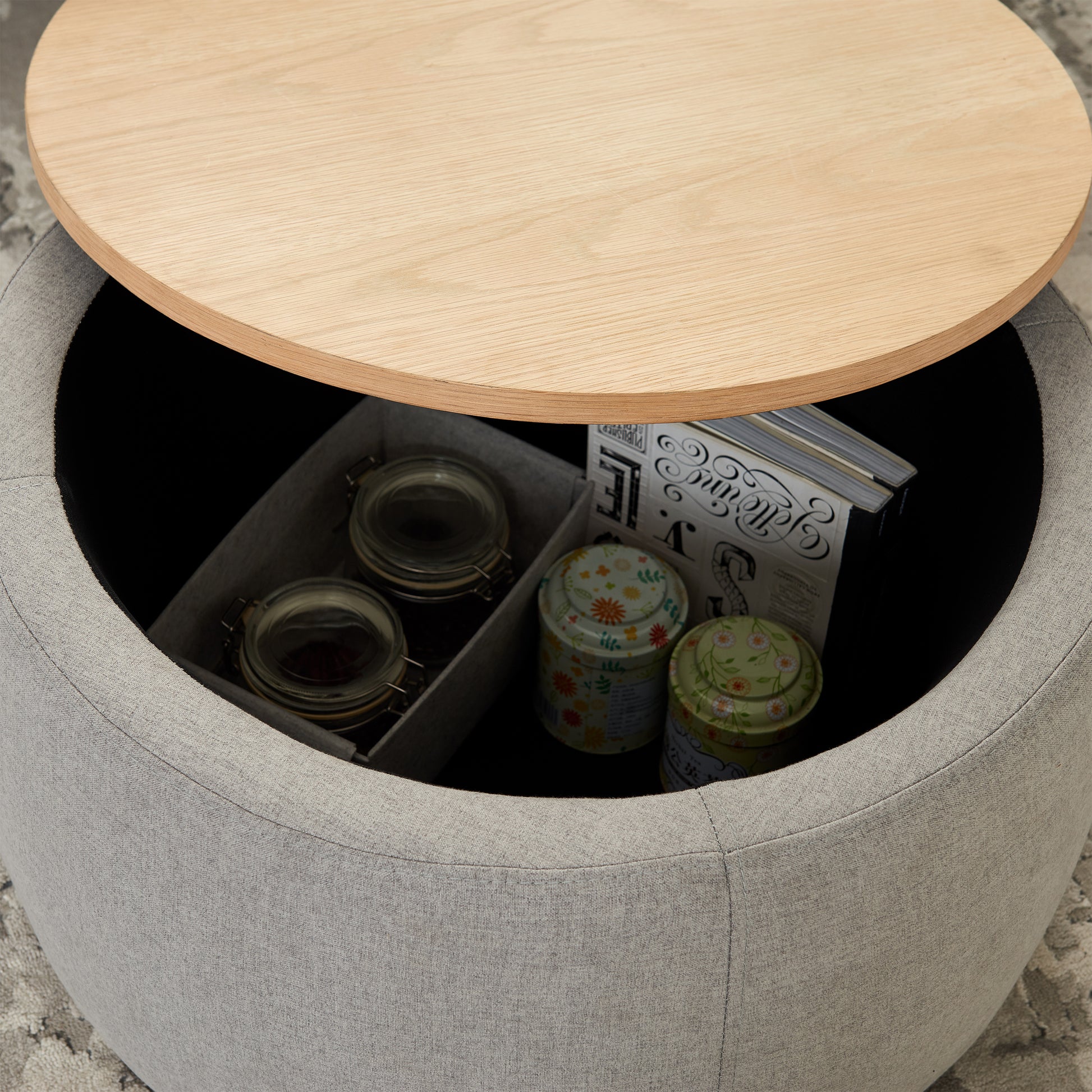 Round Storage Ottoman, 2 in 1 Function, Work as End light grey-mdf