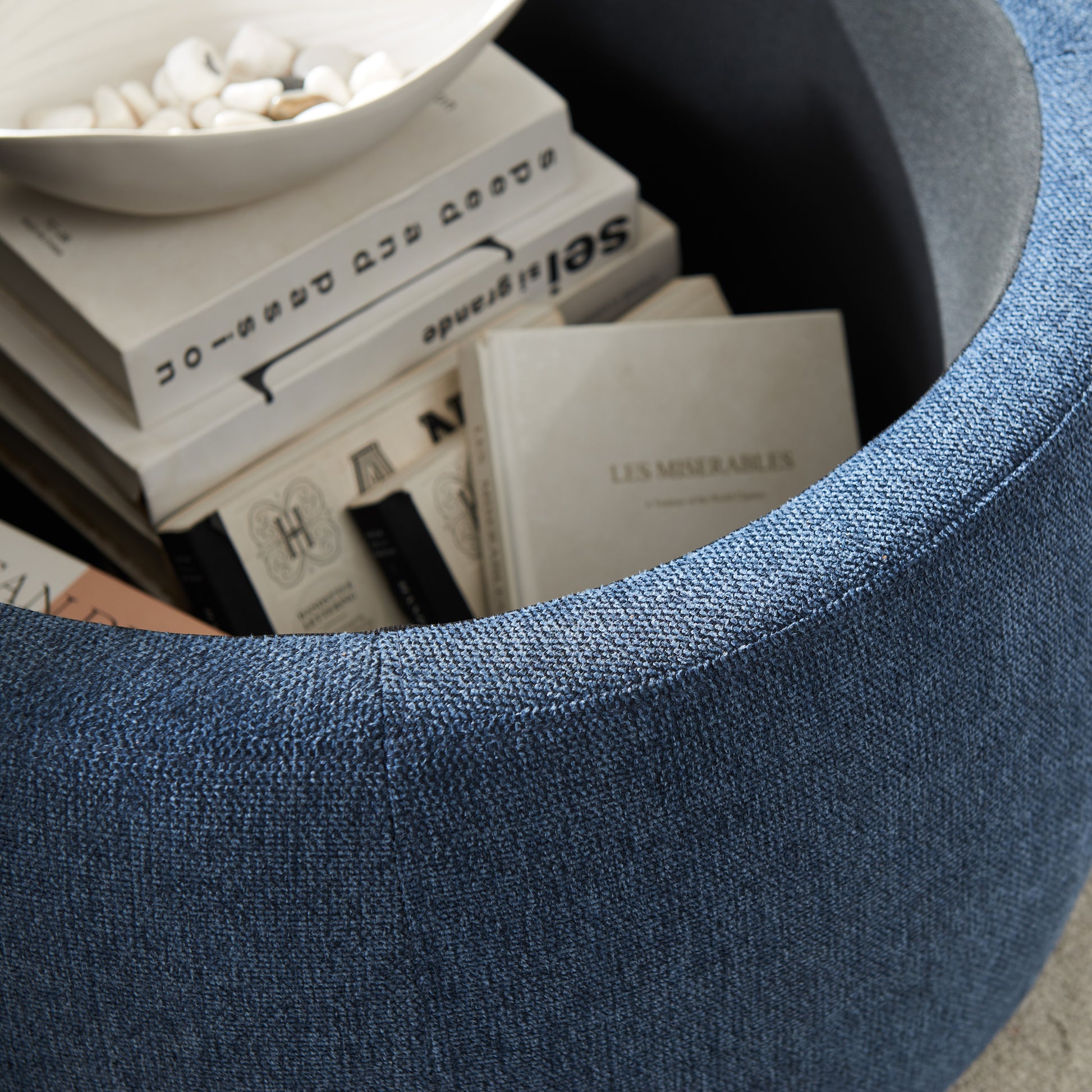 Round Storage Ottoman, 2 in 1 Function, Work as End navy-mdf