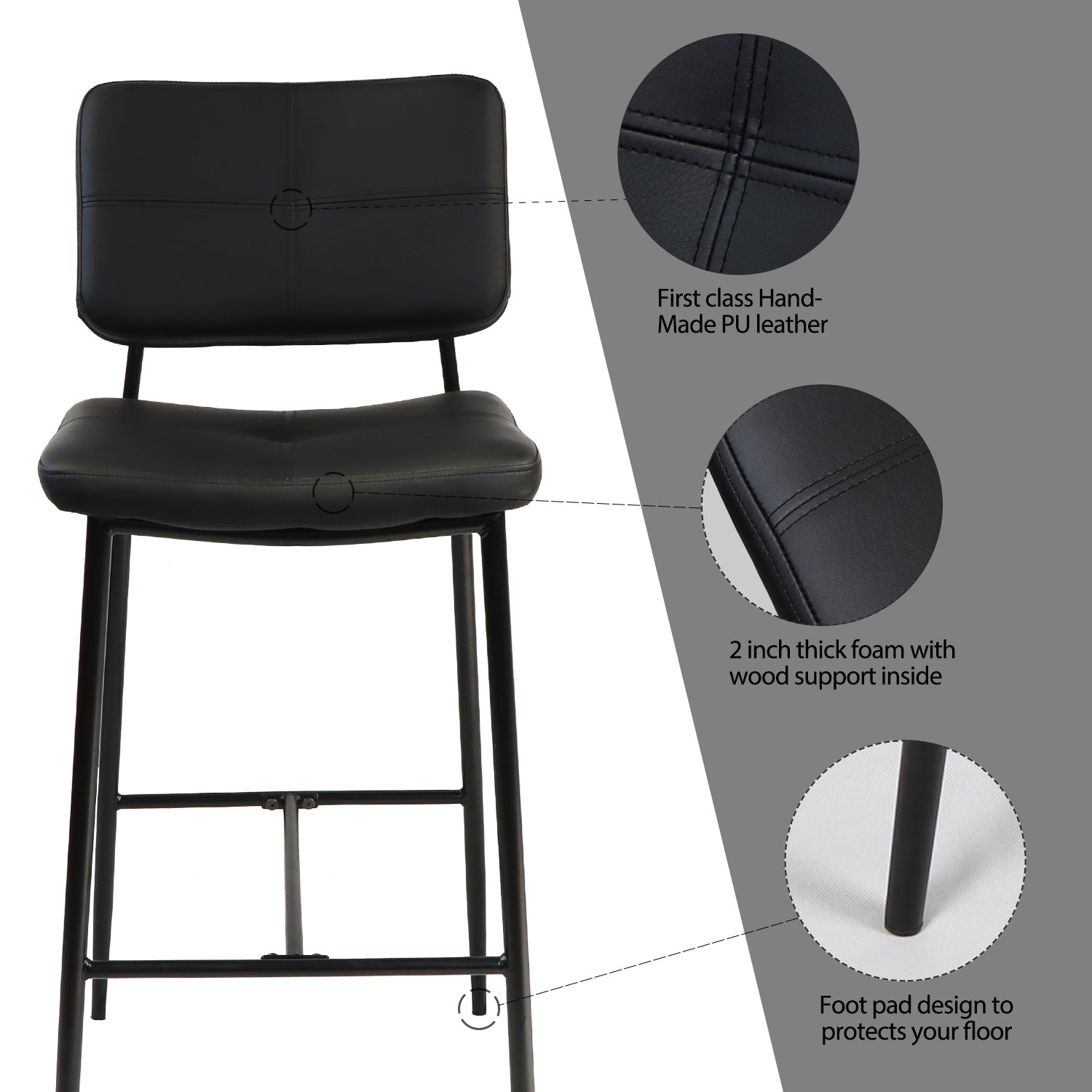 Bar Stools Set of 2, 25" Hight Back Stool Upholstered black-foam-pu