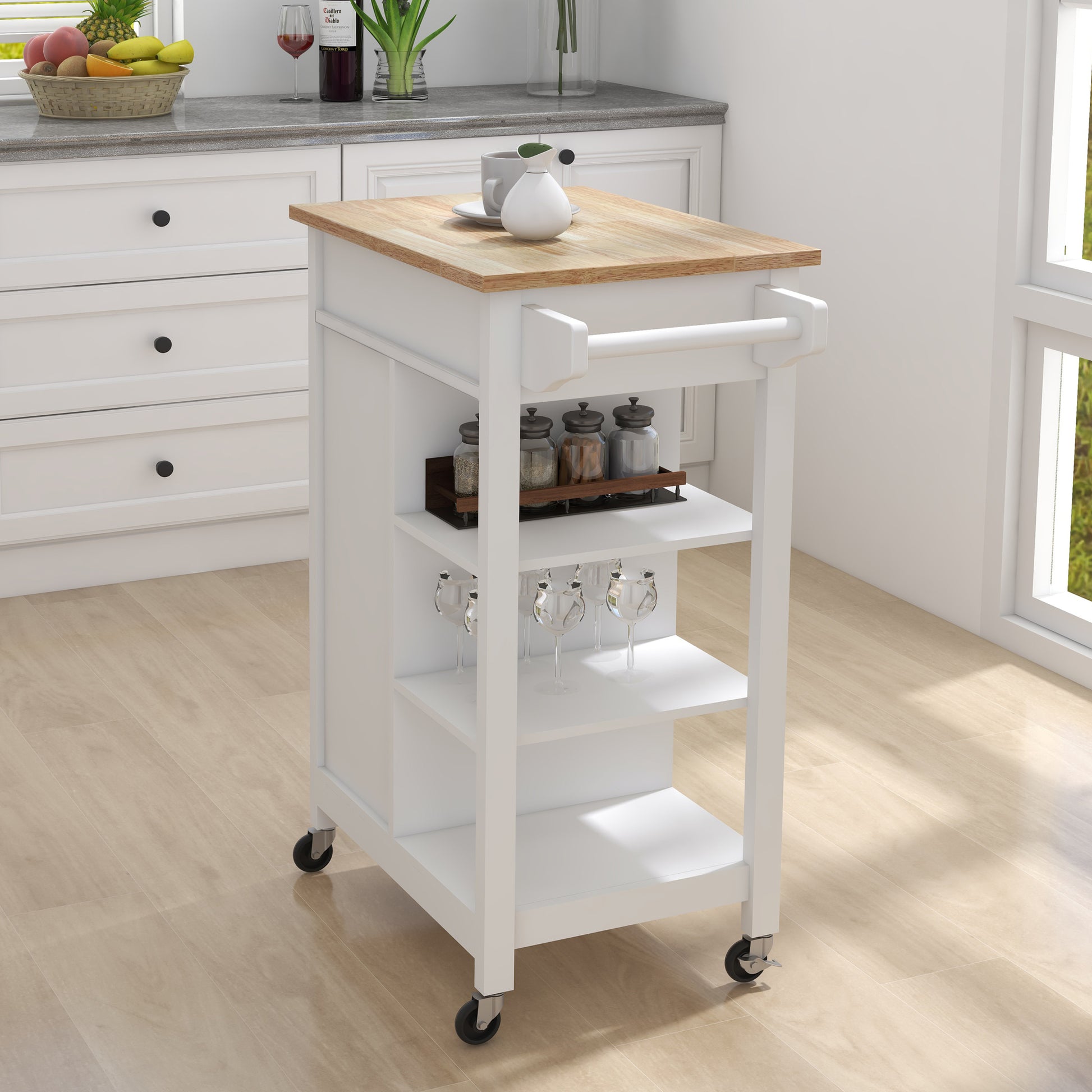 Kitchen island rolling trolley cart with Adjustable white-mdf