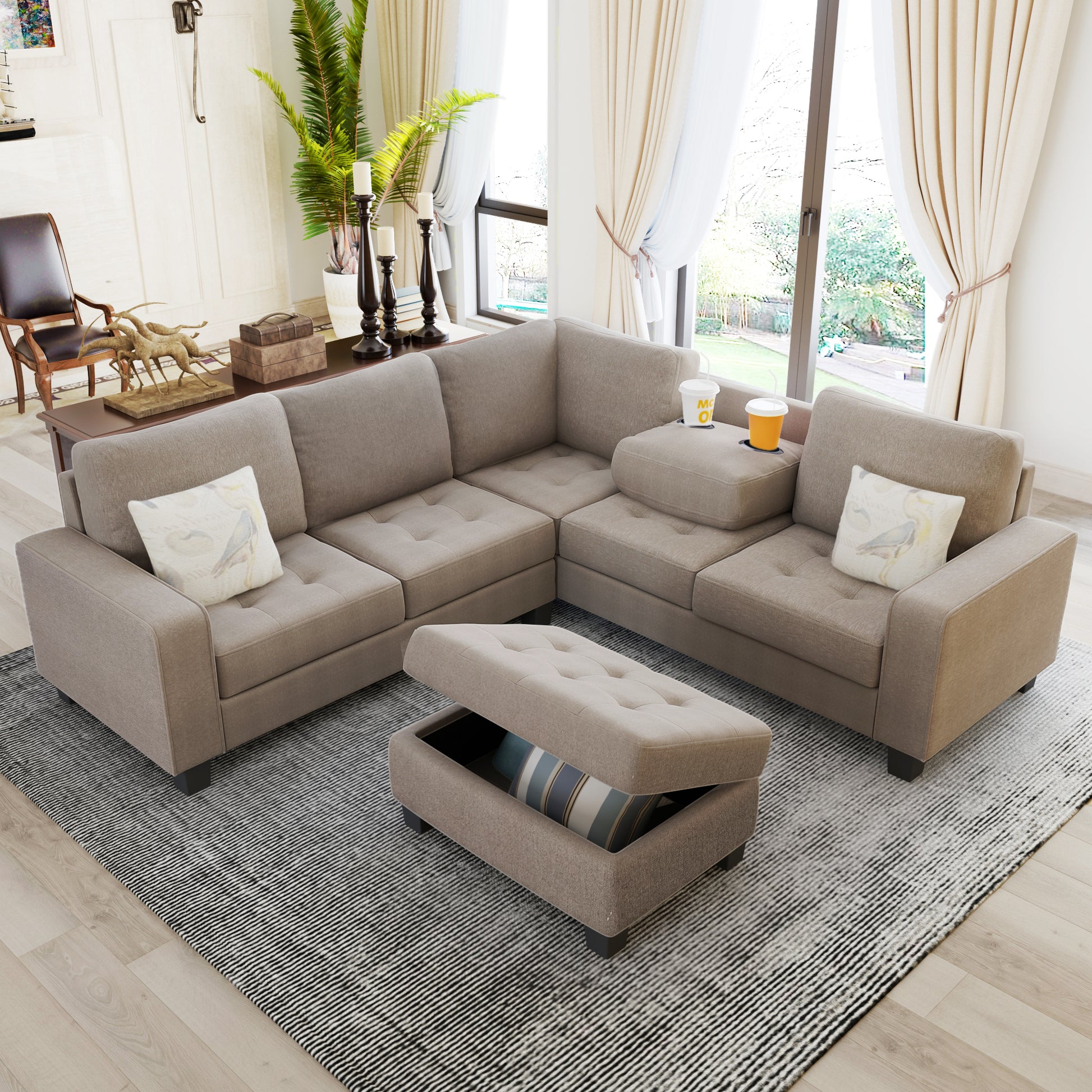 Orisfur. Sectional Corner Sofa L shape Couch Space brown-foam-linen