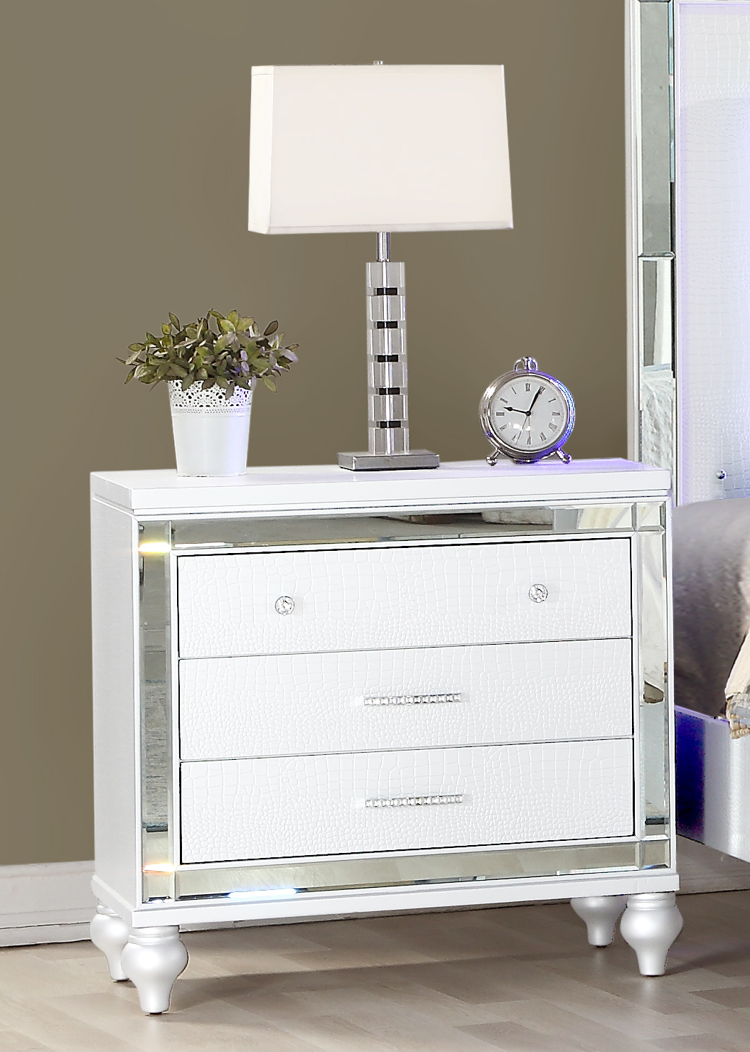 Sterling Mirror Framed Nightstand Made with Wood in white-3 drawers-bedroom-contemporary-modern-wood