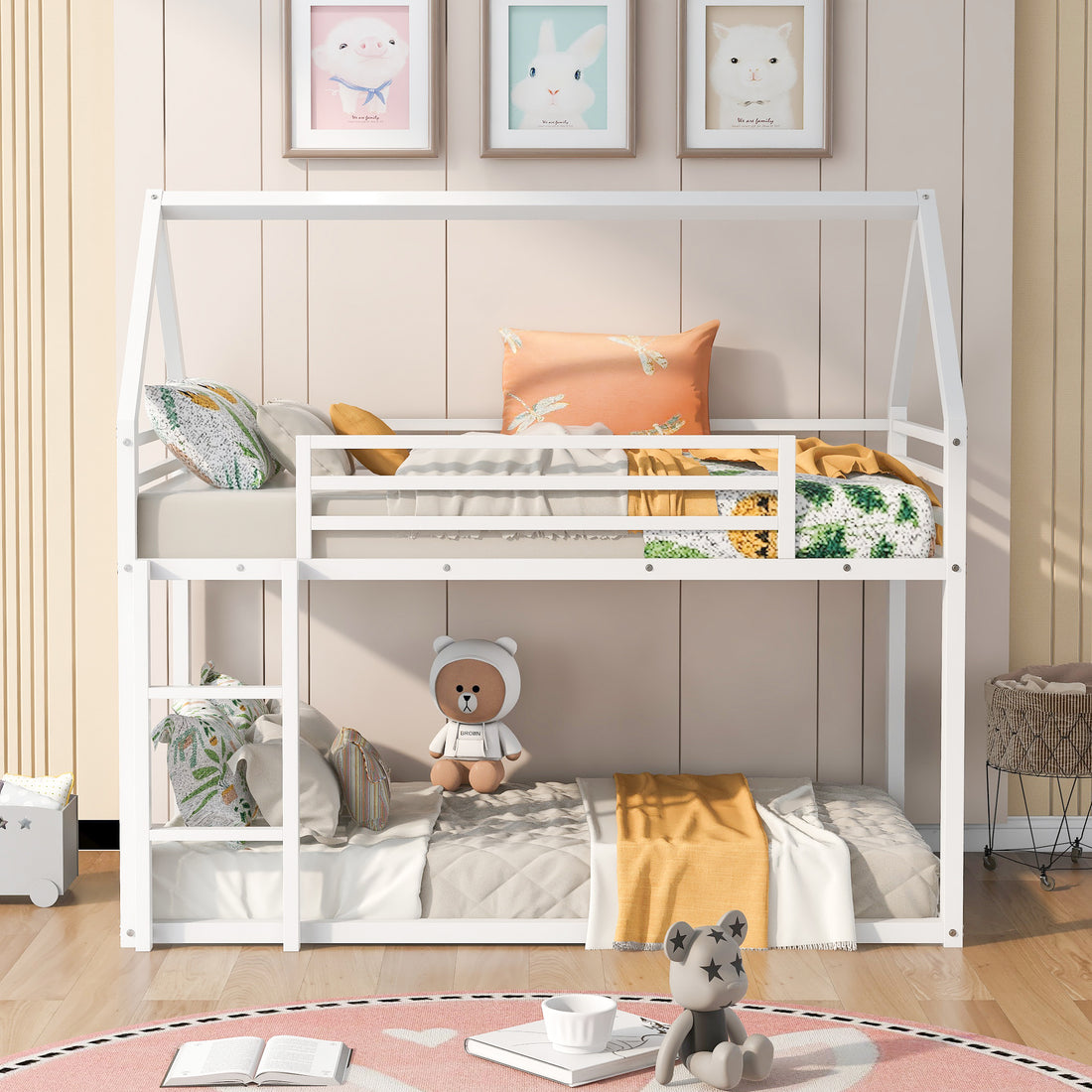 Twin Over Twin House Bunk Bed With Built In -