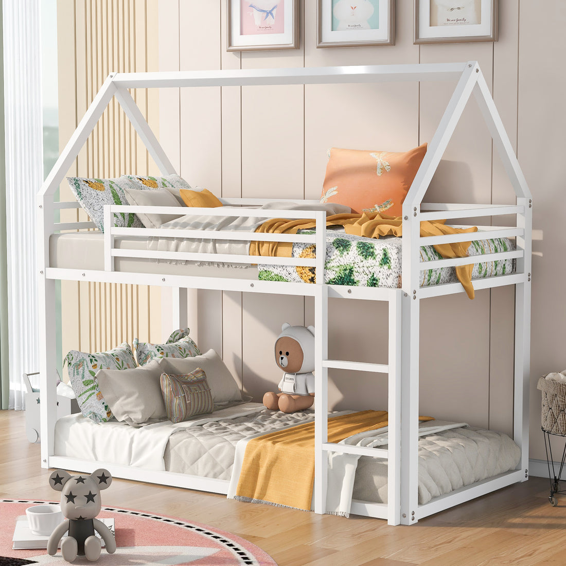 Twin Over Twin House Bunk Bed With Built In -