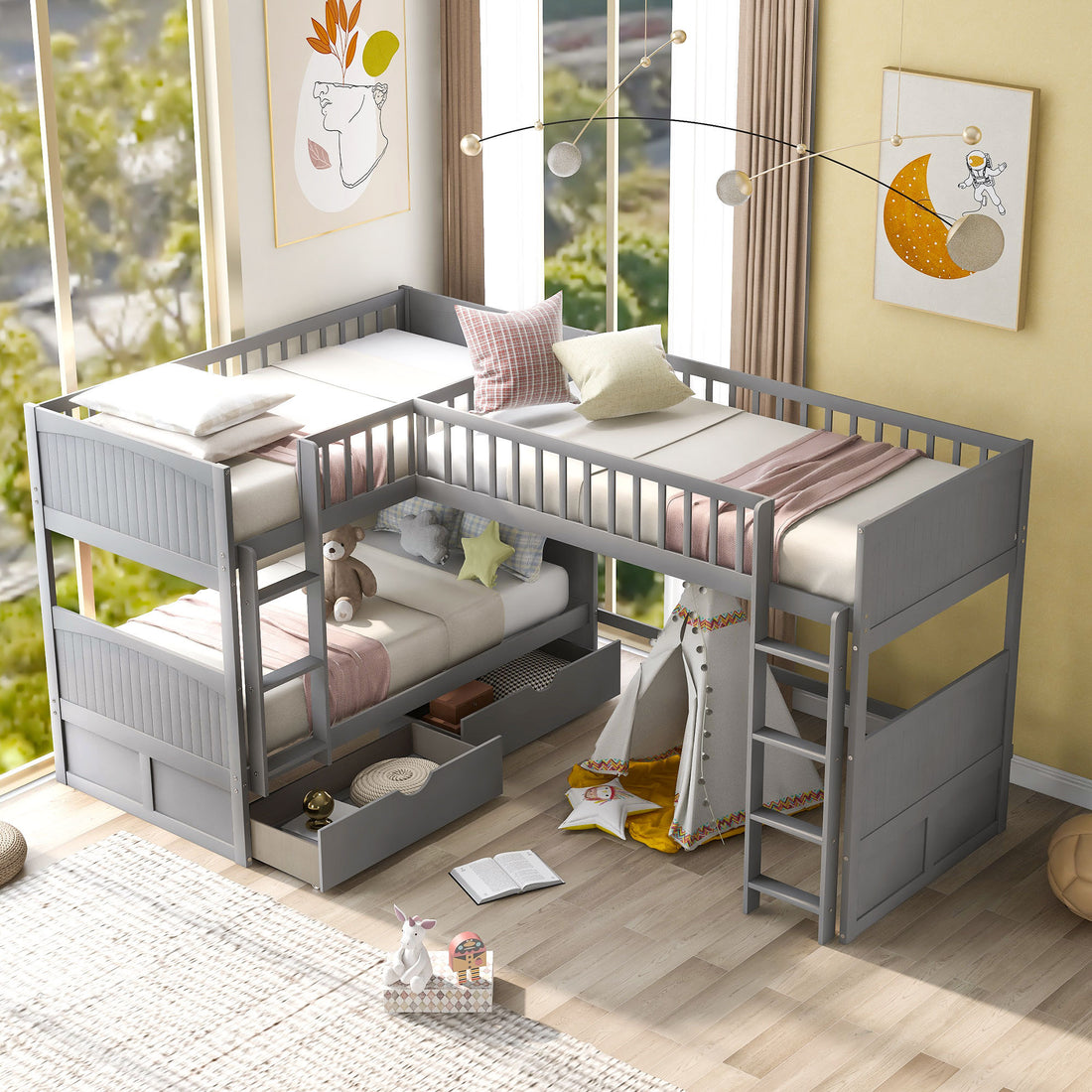 Twin Size Bunk Bed With A Loft Bed Attached, With