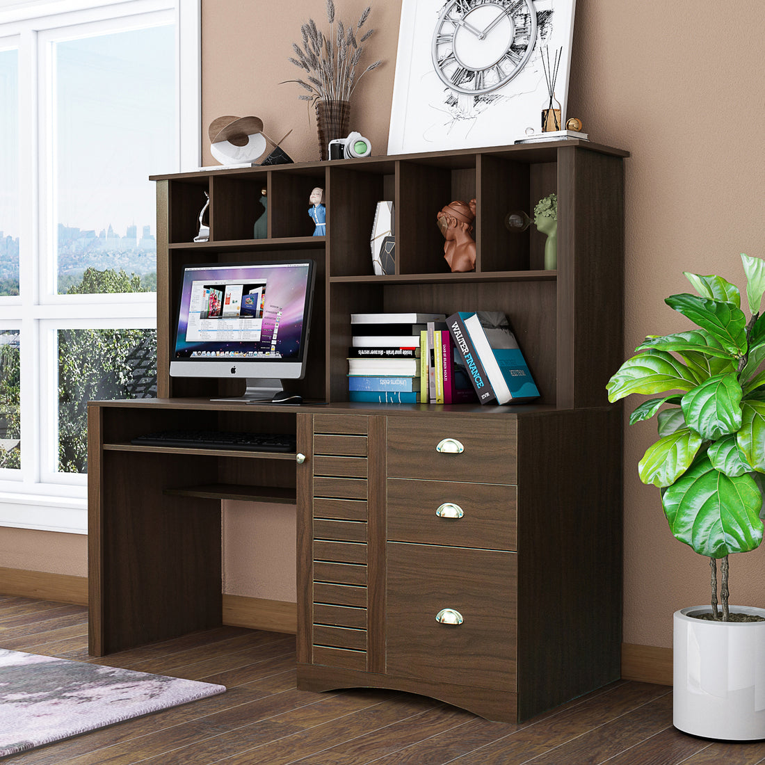 Home Office Computer Desk with Hutch,Walnut walnut-particle board