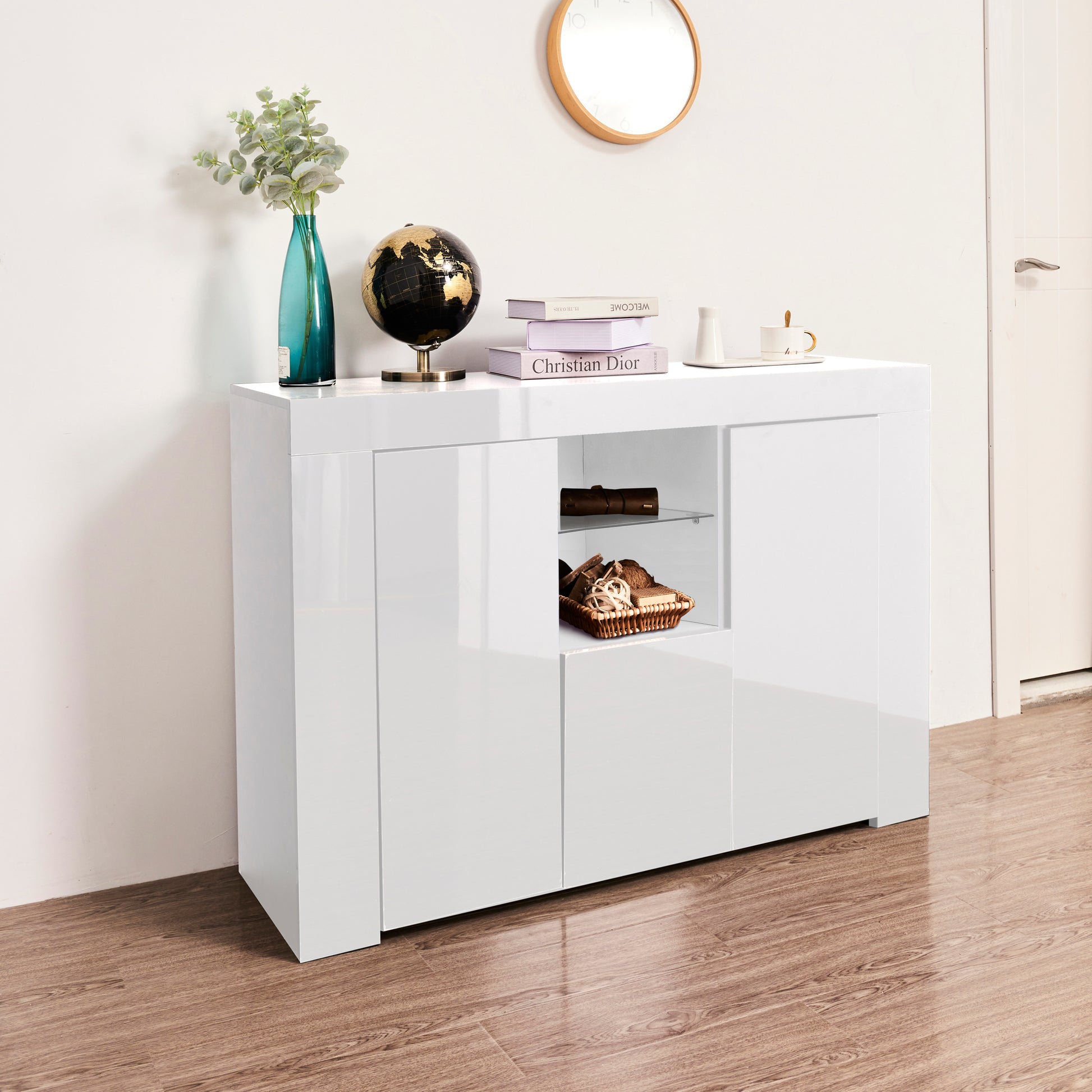 Kitchen Sideboard Cupboard with LED Light, White High white-mdf