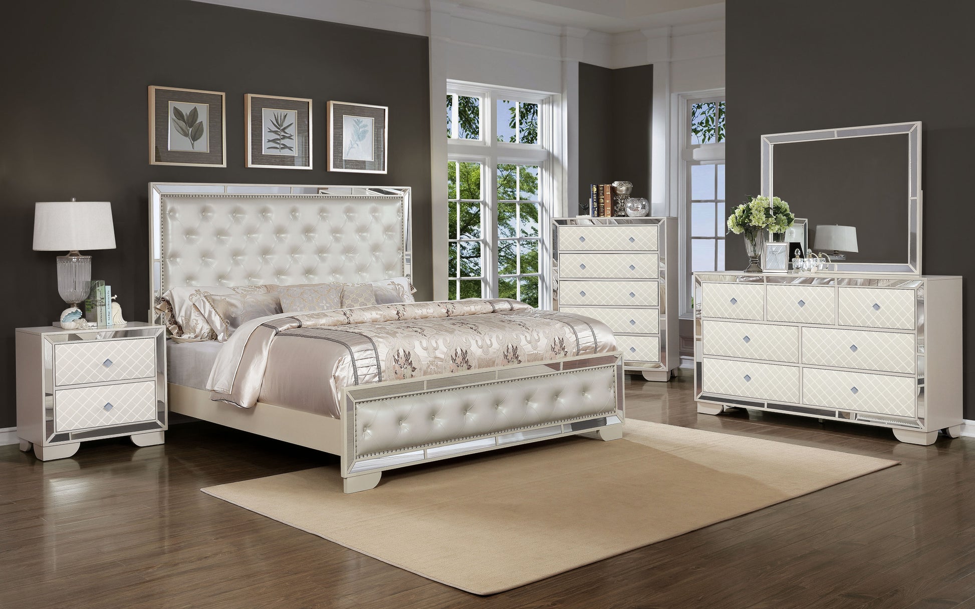 Madison King 5pc Upholstery Bedroom Set Made with Wood box spring not required-king-beige-wood-5 piece