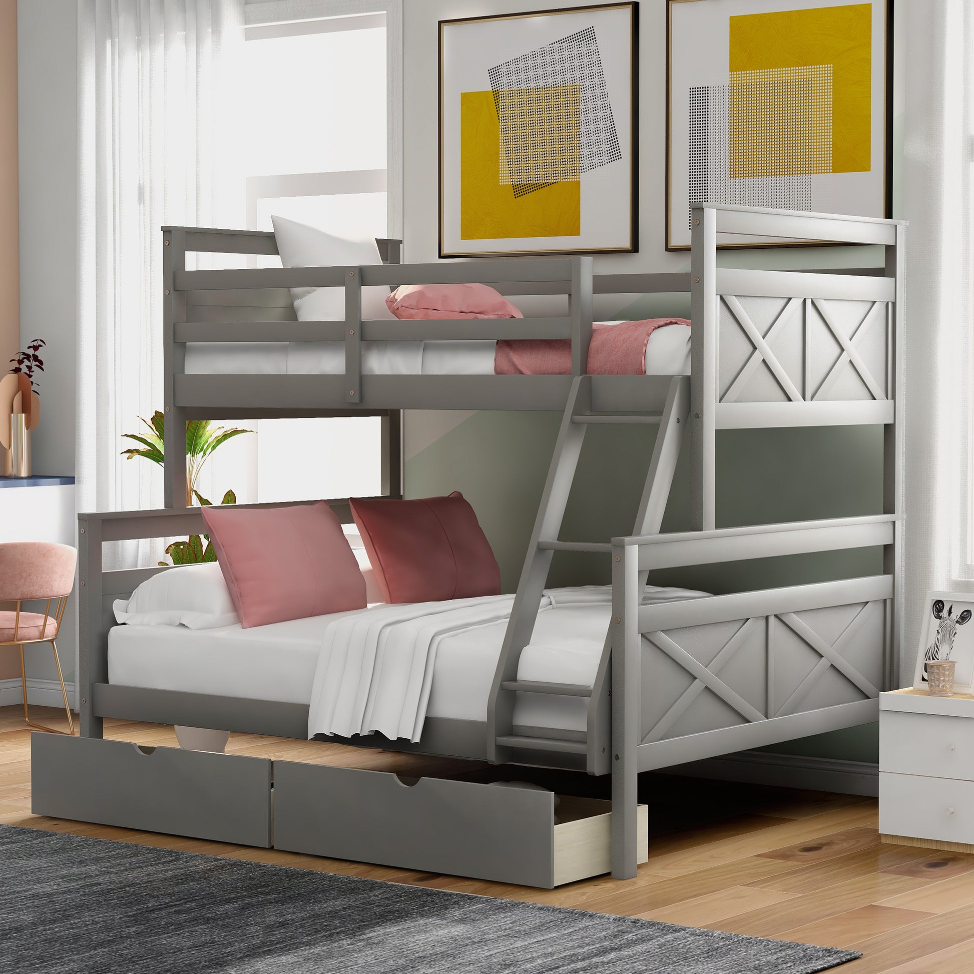 Twin over Full Bunk Bed with Ladder, Two Storage box spring not required-gray-bedroom-bunk-pine