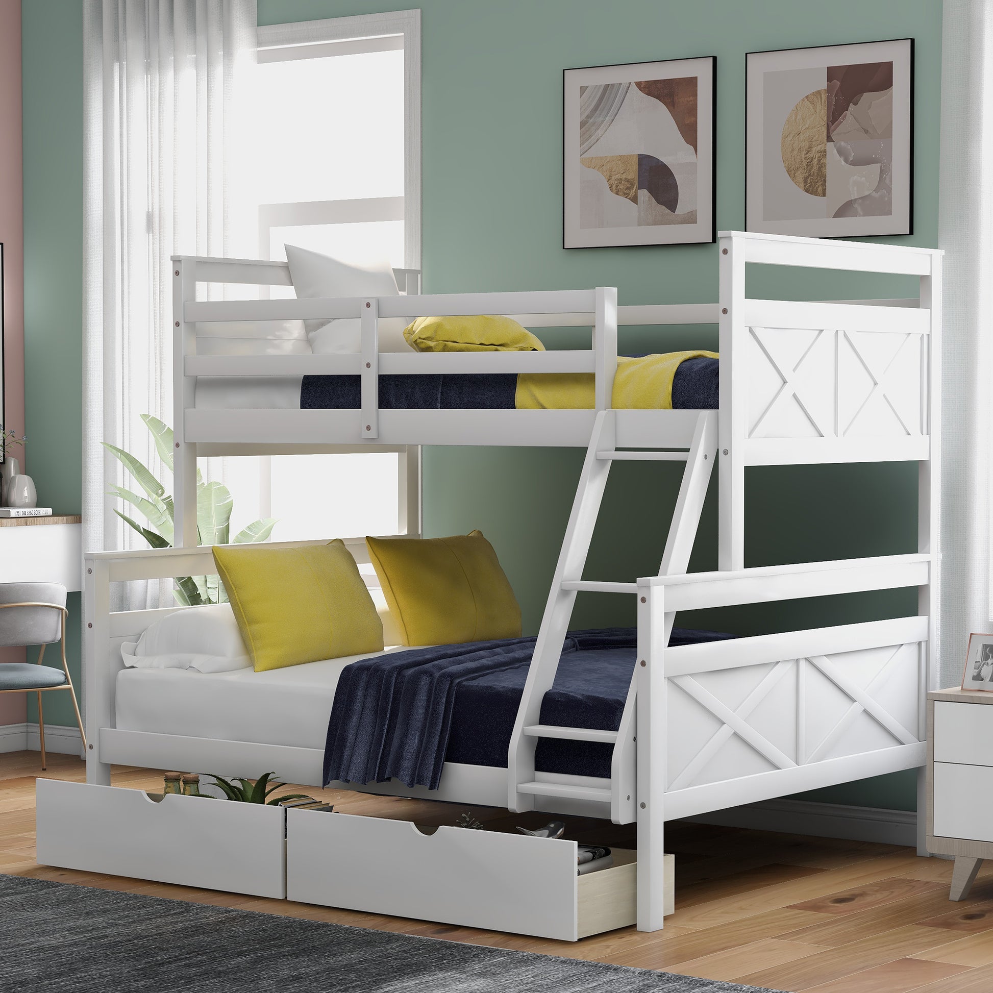 Twin over Full Bunk Bed with Ladder, Two Storage box spring not required-white-bedroom-bunk-pine