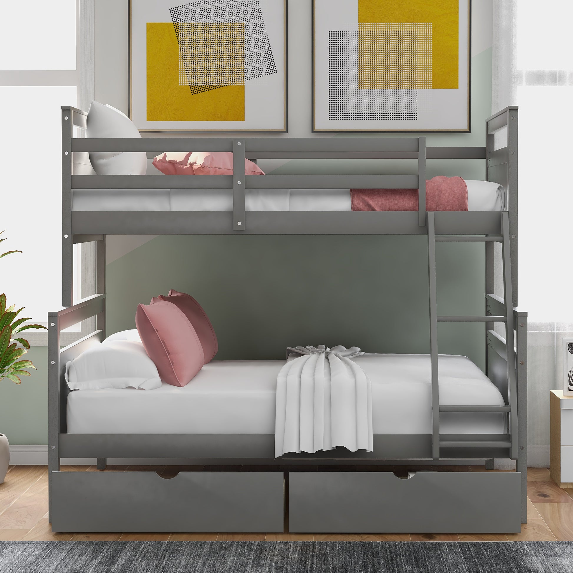 Twin over Full Bunk Bed with Ladder, Two Storage box spring not required-gray-bedroom-bunk-pine