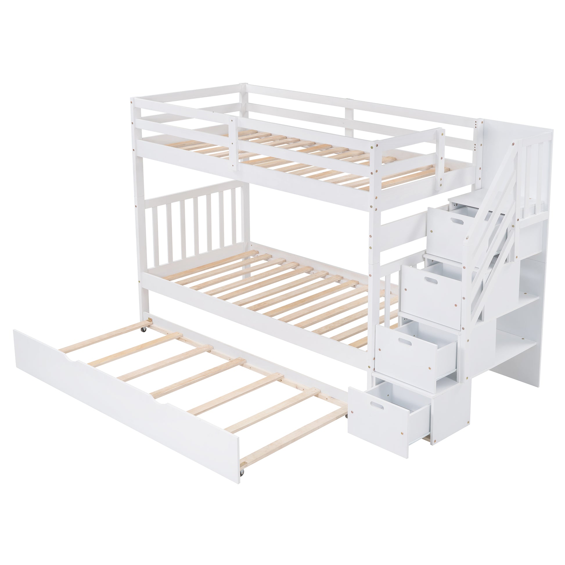 Twin over Twin Full Bunk Bed with Twin Size Trundle white-solid wood