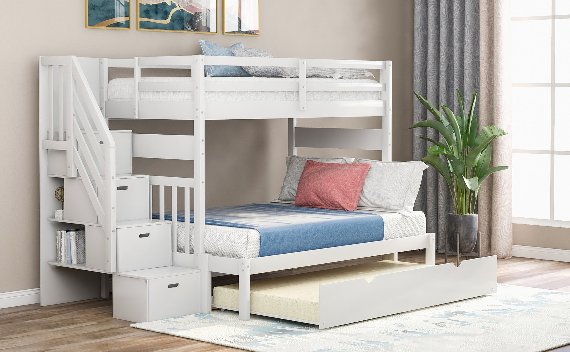 Twin over Twin Full Bunk Bed with Twin Size Trundle white-solid wood