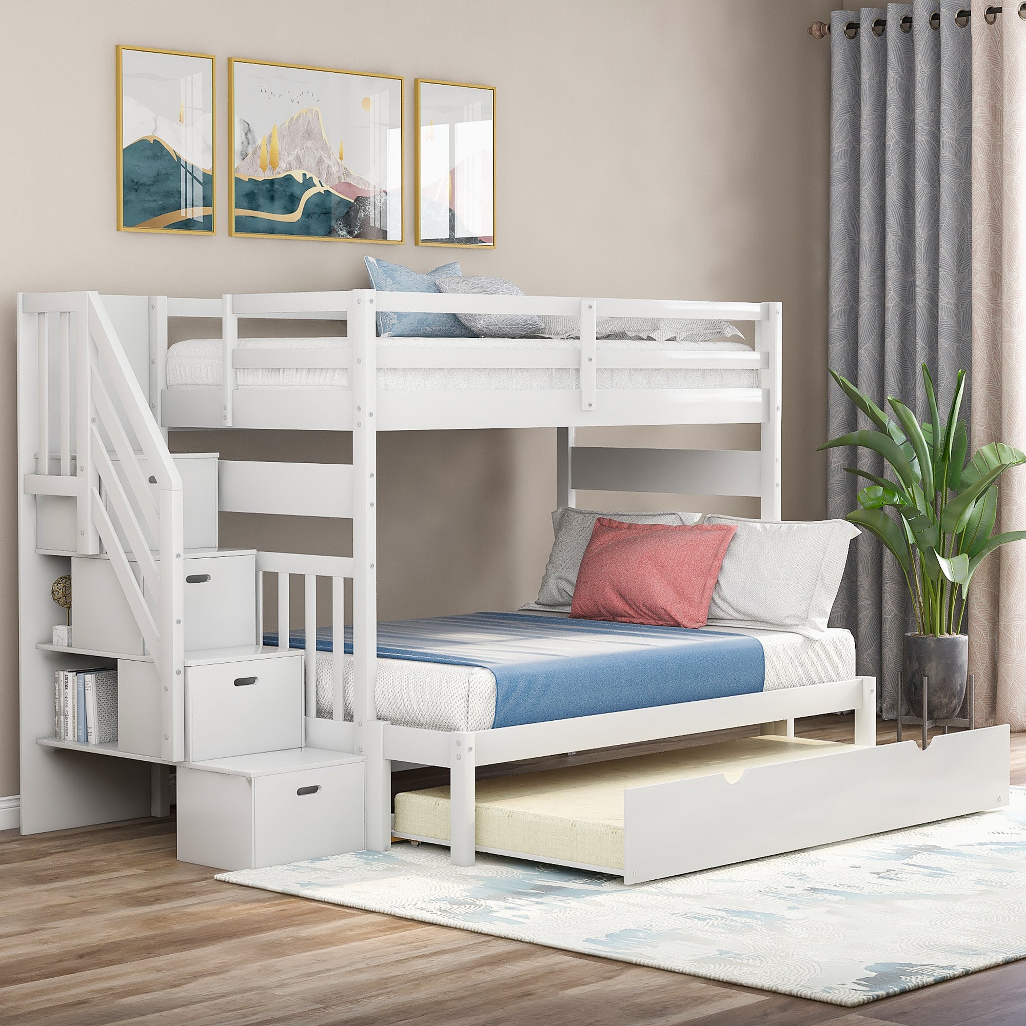 Twin over Twin Full Bunk Bed with Twin Size Trundle white-solid wood