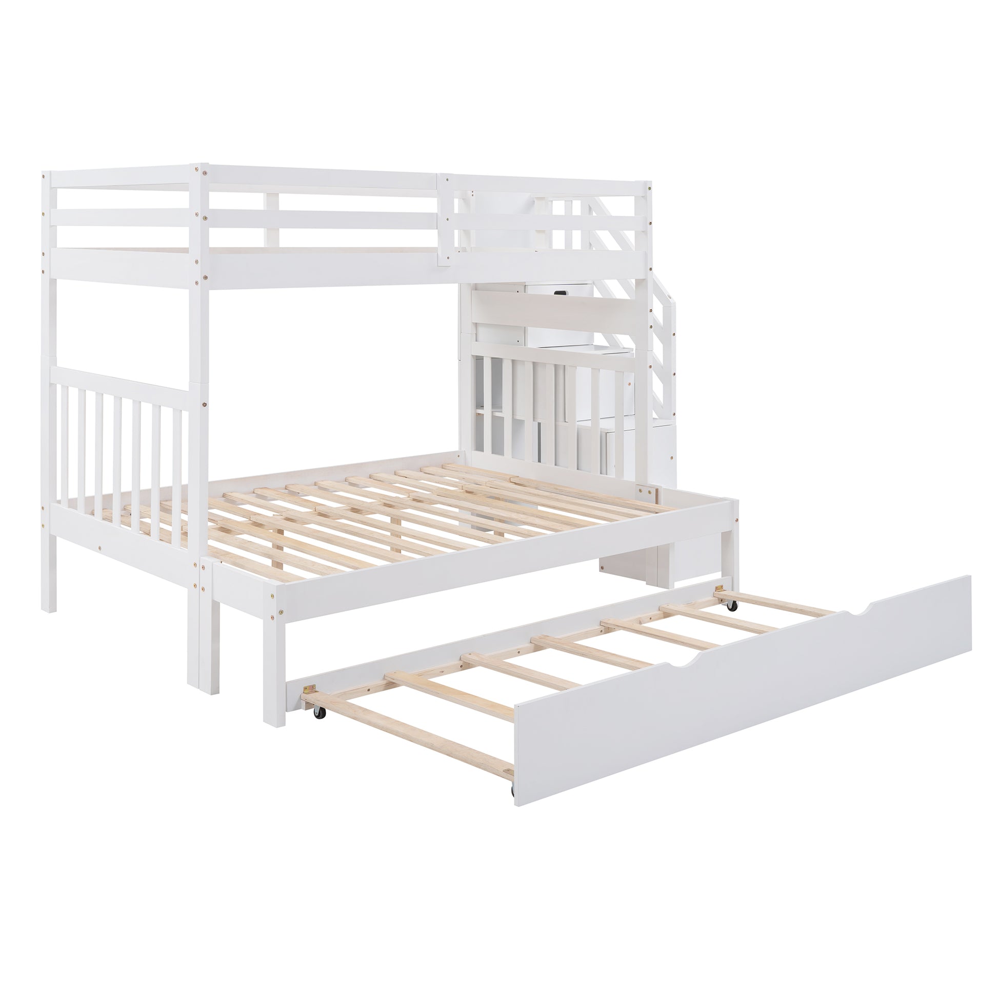 Twin over Twin Full Bunk Bed with Twin Size Trundle white-solid wood