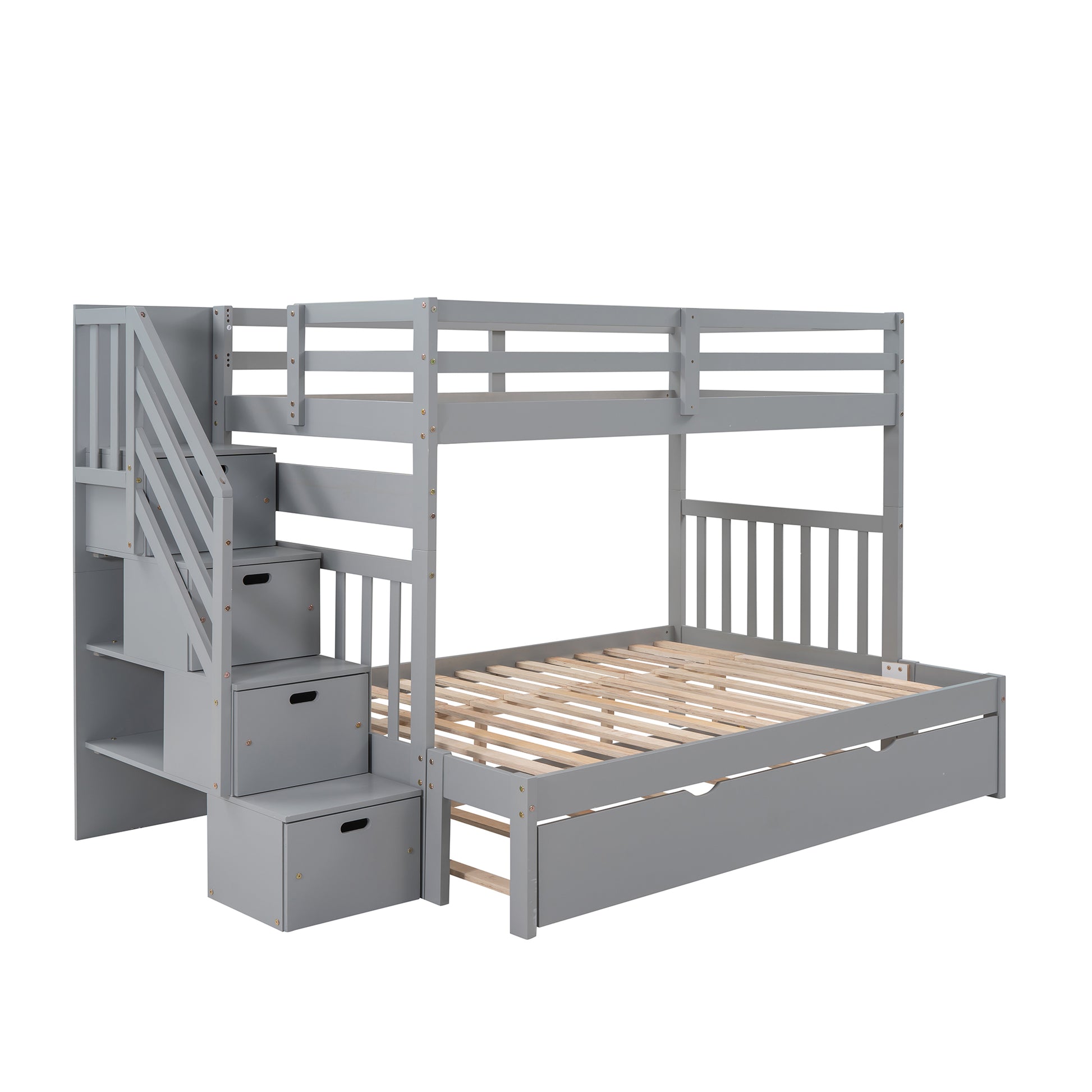 Twin over Twin Full Bunk Bed with Twin Size Trundle gray-solid wood