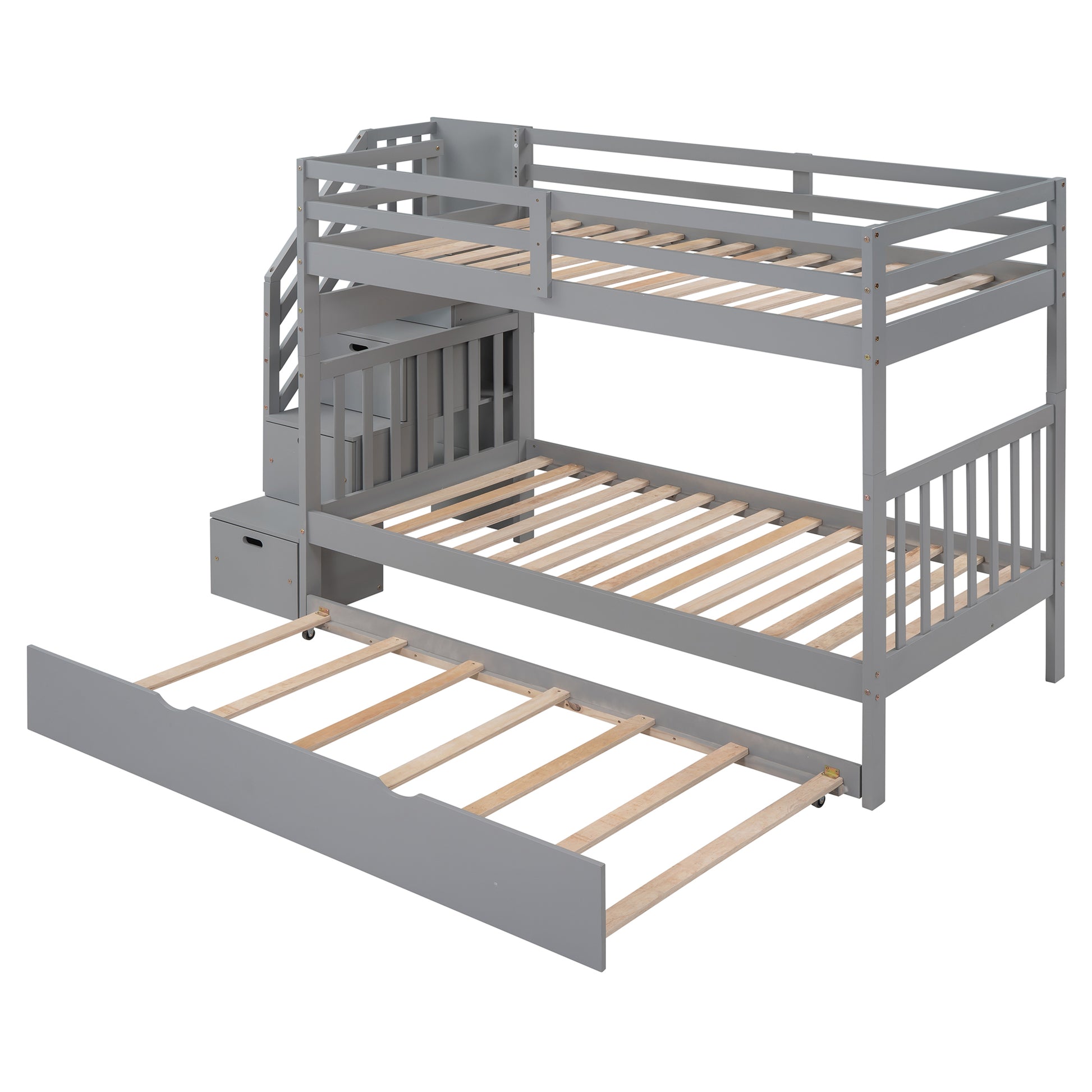 Twin over Twin Full Bunk Bed with Twin Size Trundle gray-solid wood