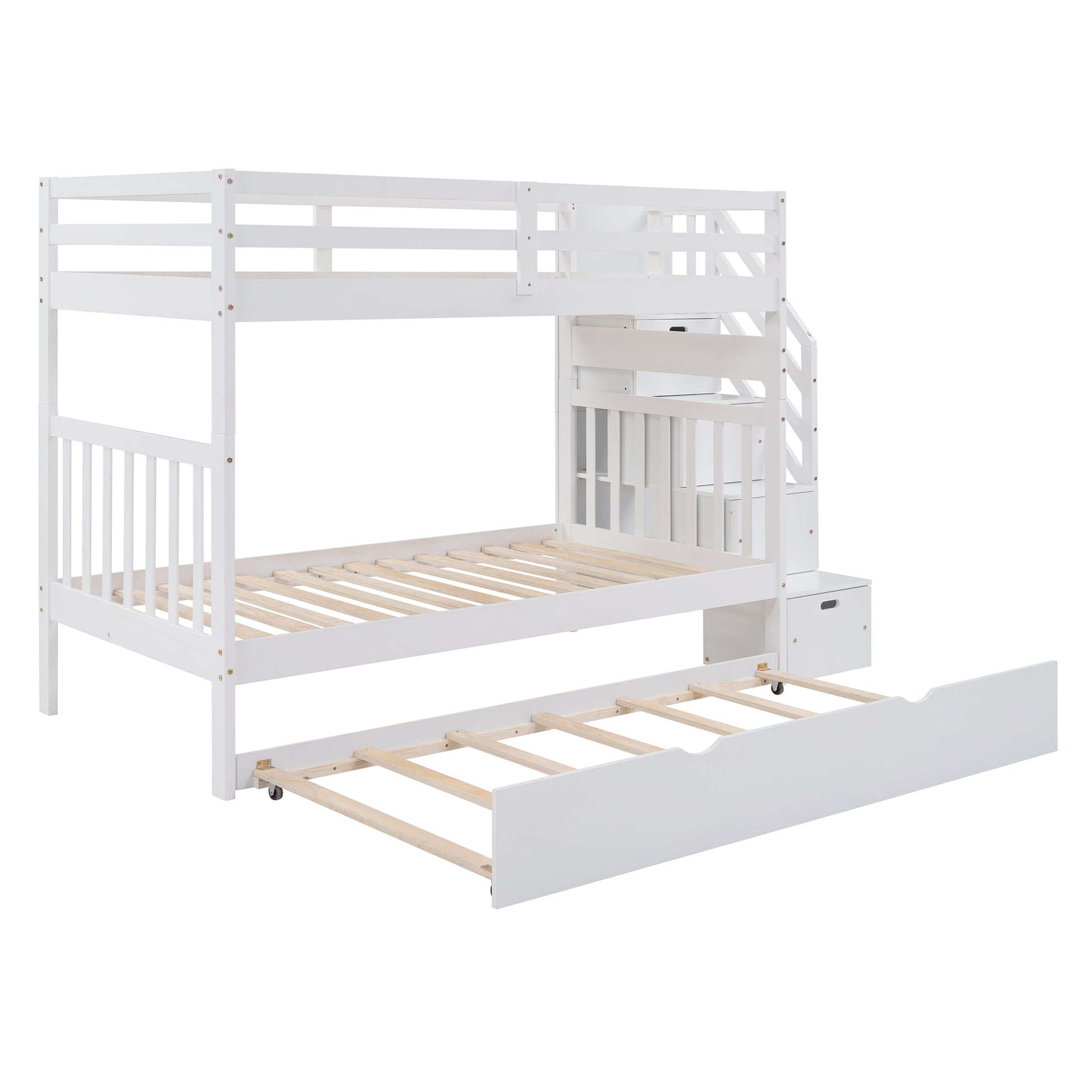 Twin over Twin Full Bunk Bed with Twin Size Trundle white-solid wood