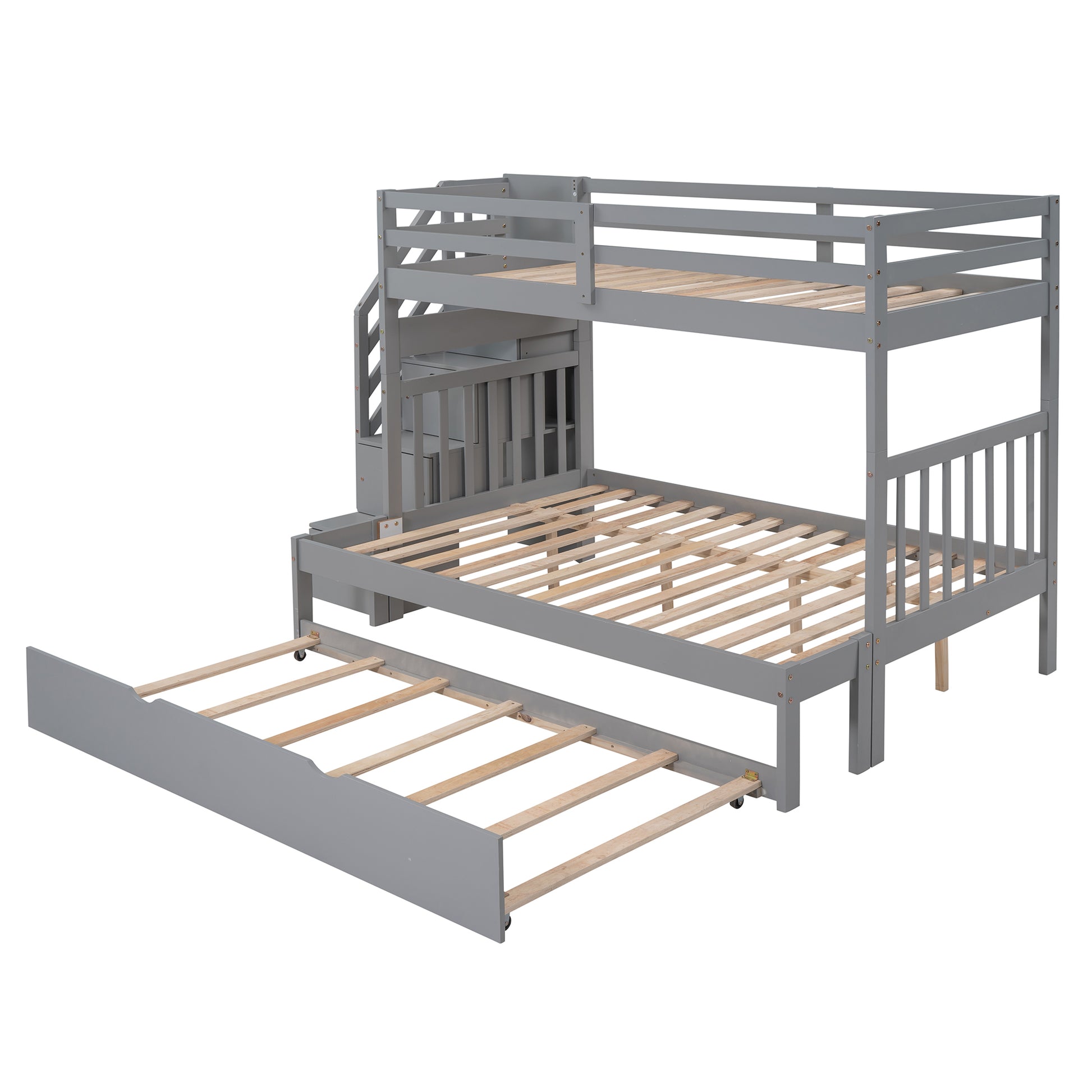 Twin over Twin Full Bunk Bed with Twin Size Trundle gray-solid wood