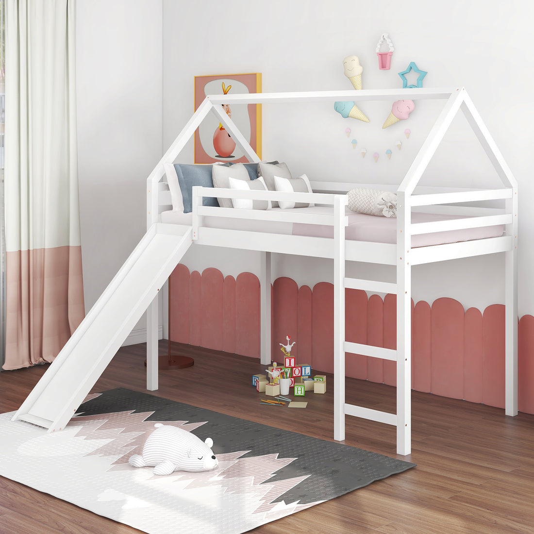 Twin Size Loft Bed With Slide, House Bed With -