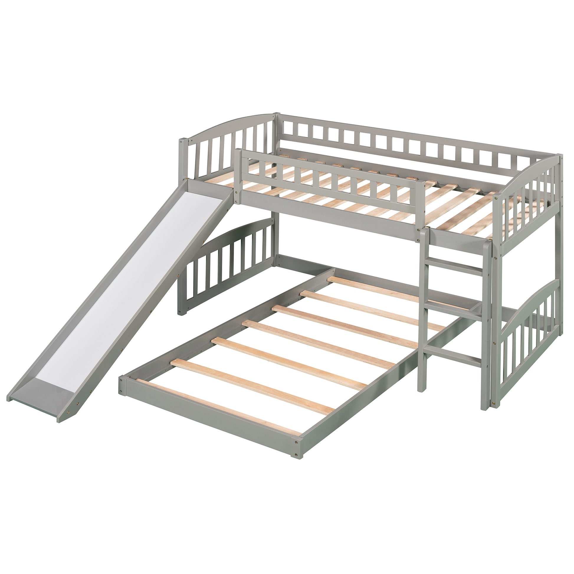 Twin Over Twin Bunk Bed with Slide and Ladder, Gray gray-solid wood