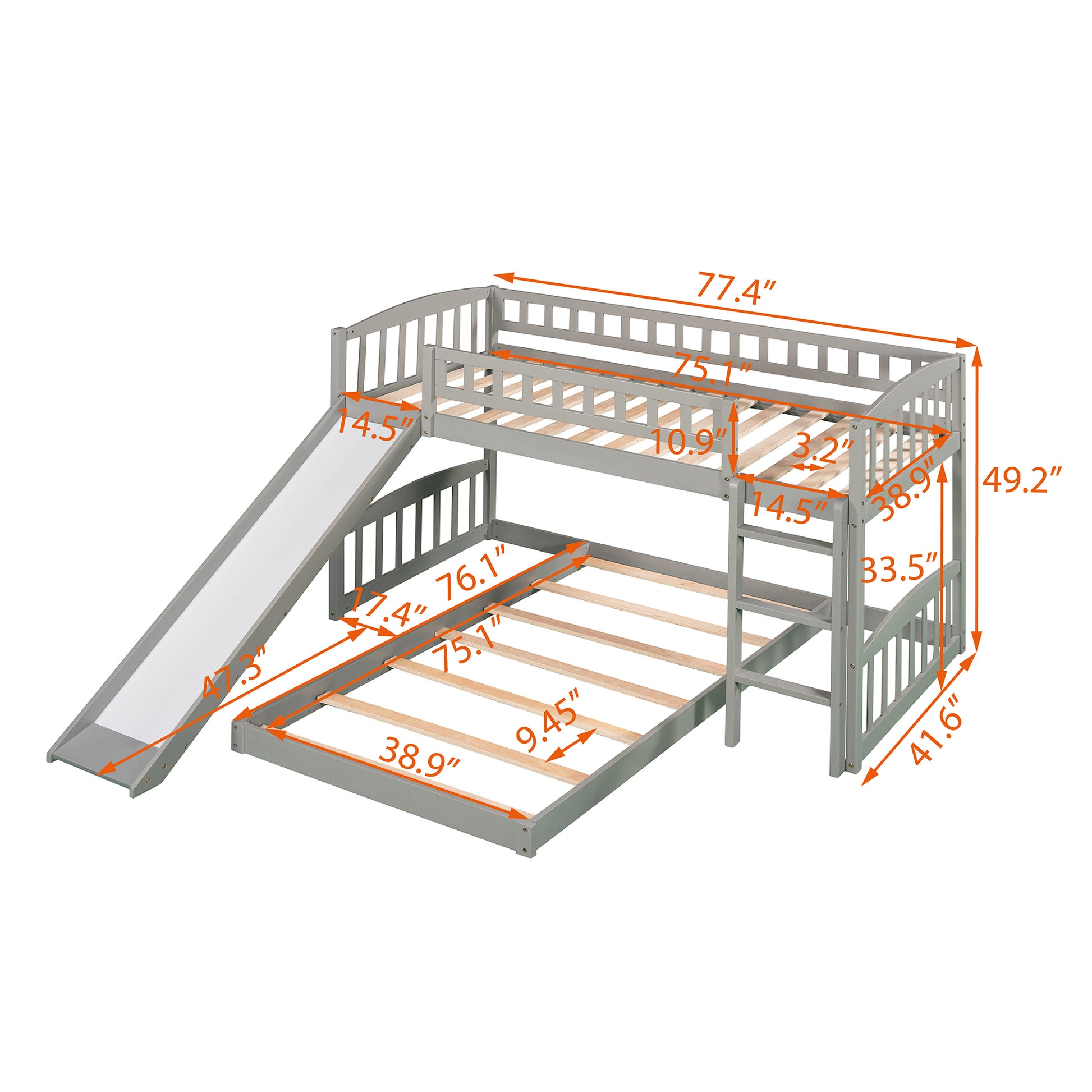 Twin Over Twin Bunk Bed with Slide and Ladder, Gray gray-solid wood