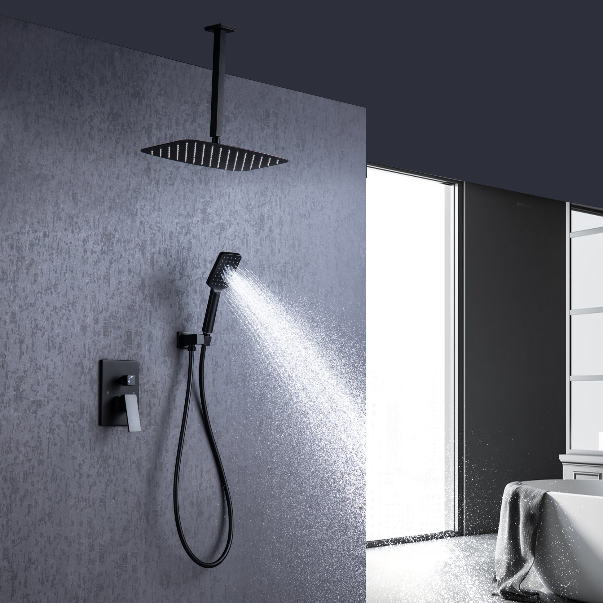 Ceiling Rainfall Shower Faucet Set 3 Function Bathroom black-brass