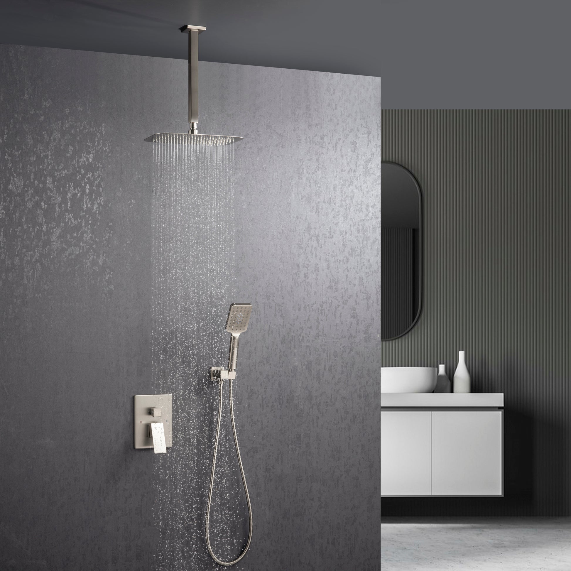 Ceiling Rainfall Shower Faucet Set 3 Function Bathroom black-brass