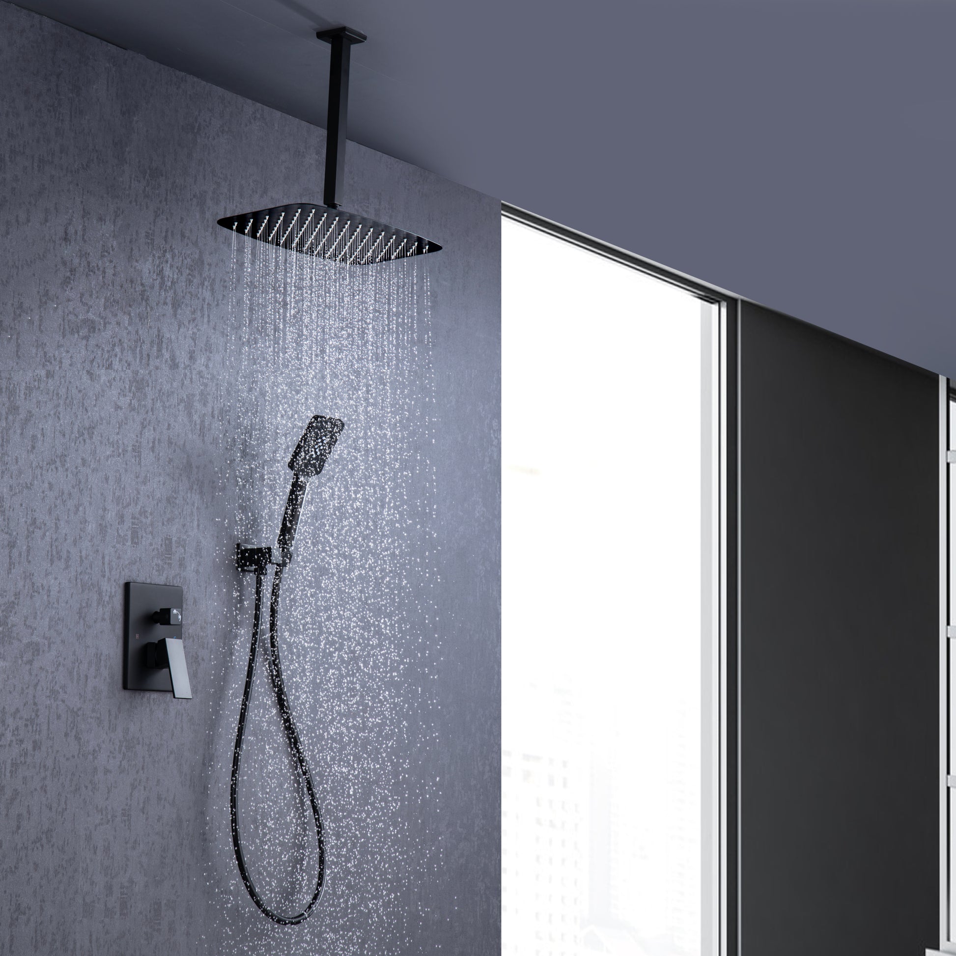 Ceiling Rainfall Shower Faucet Set 3 Function Bathroom black-brass