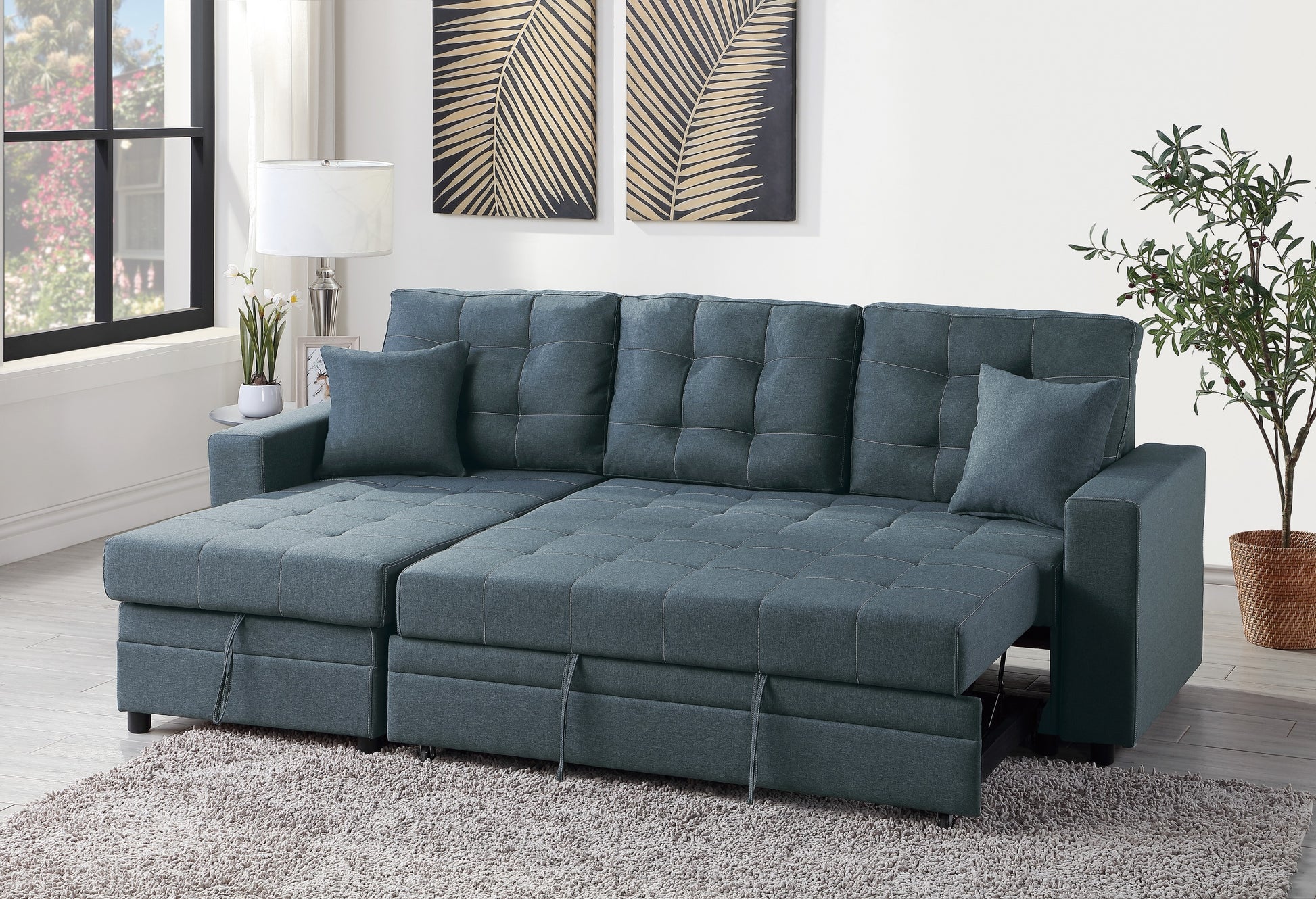 Blue Grey Convertible Sectional Pull Out Bed Sofa blue-gray-primary living space-tufted