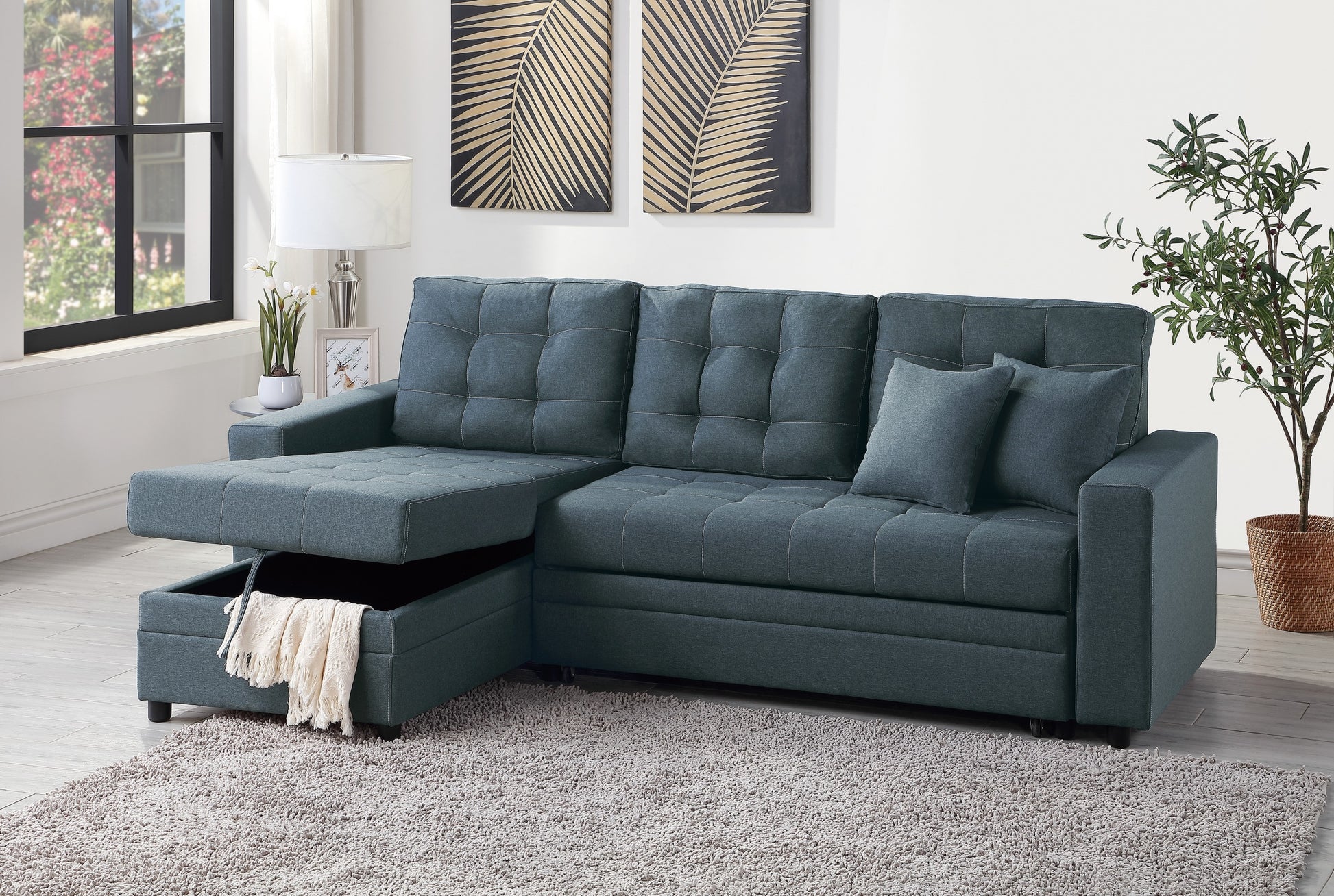 Blue Grey Convertible Sectional Pull Out Bed Sofa blue-gray-primary living space-tufted